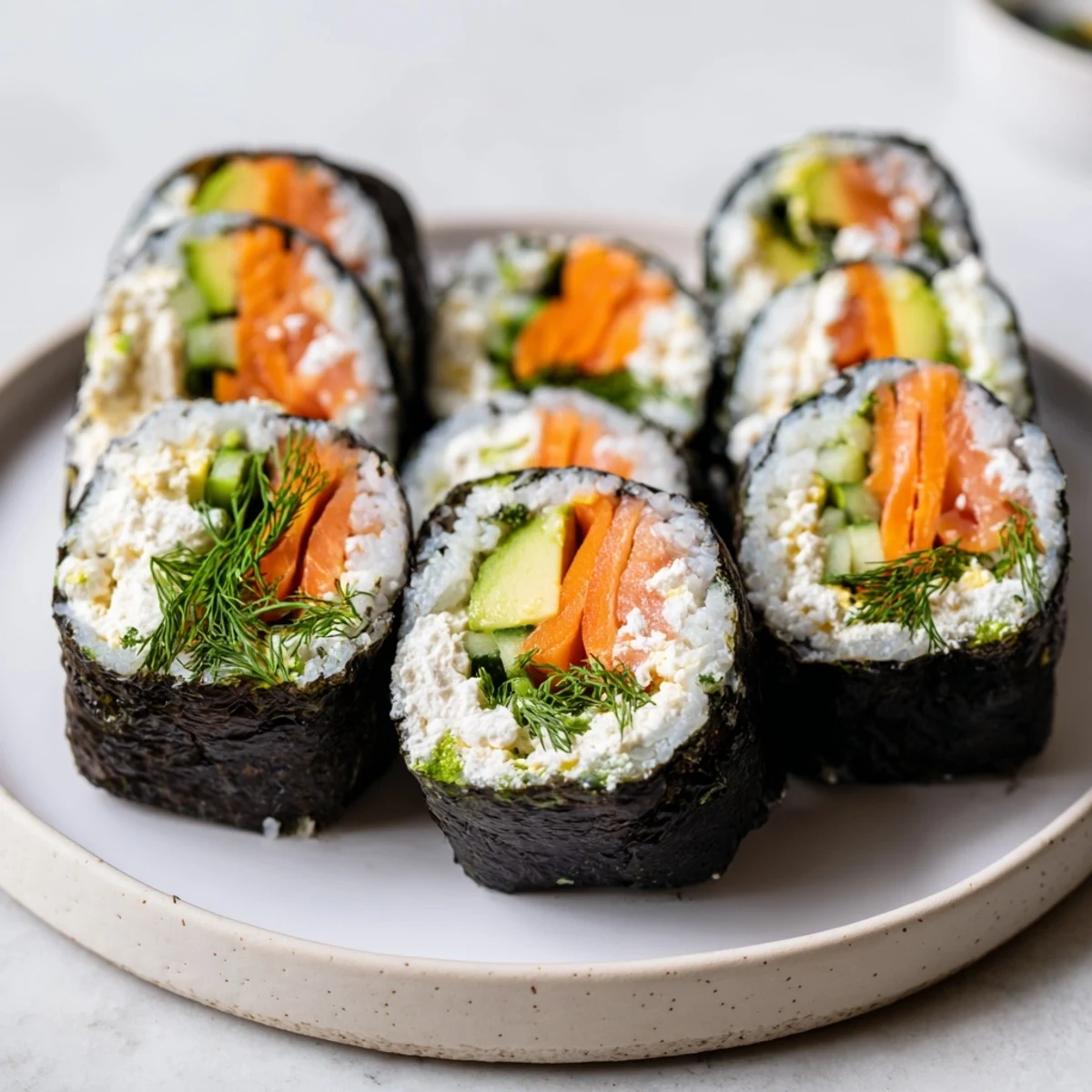 Close-up of a High-Protein Sushi Wrap Smoked Salmon Holiday Roll, showing layers of salmon and veggies.