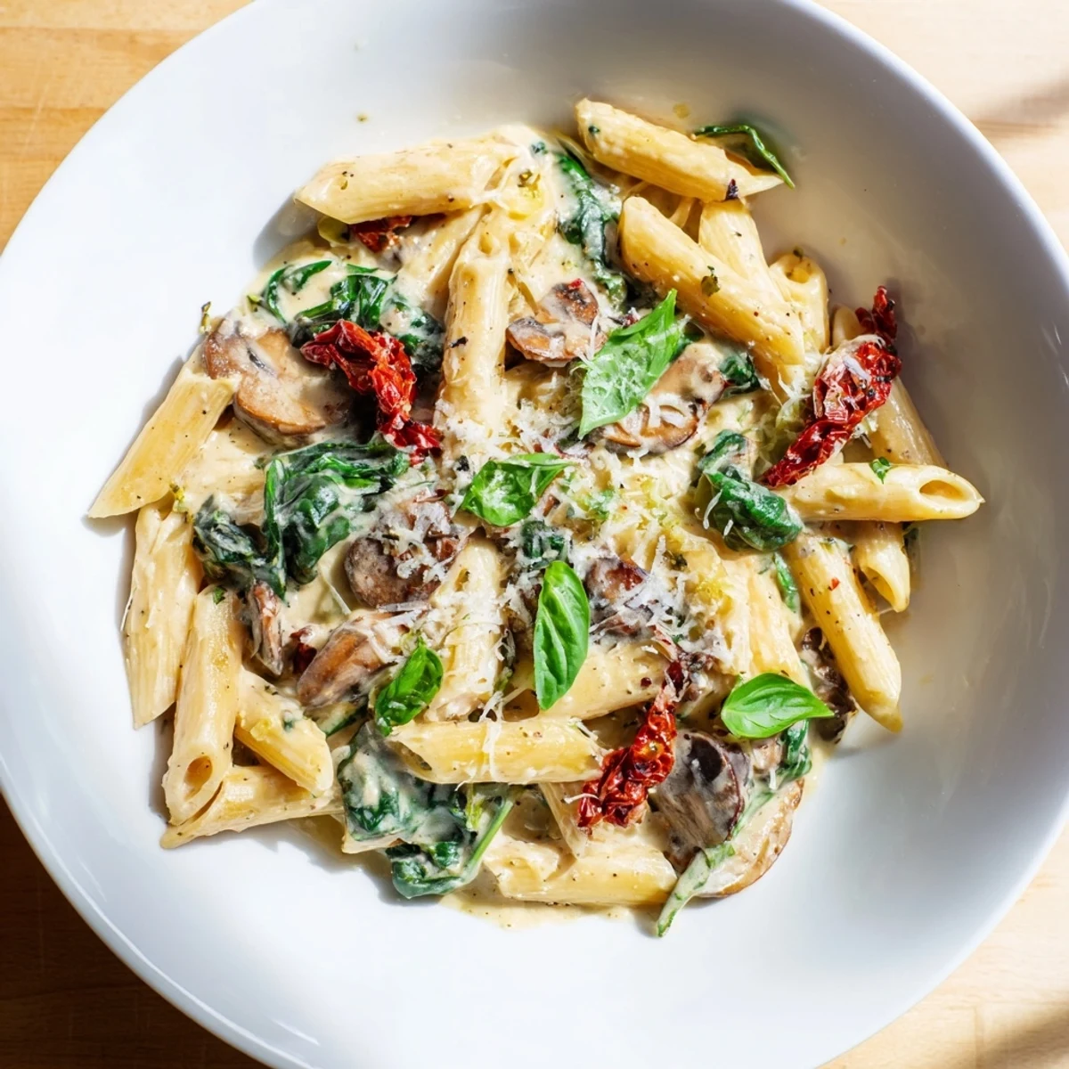 Imagine seeing this delicious Creamy Sun-Dried Tomato Mushroom Penne Skillet, it's a hearty and inviting meal.