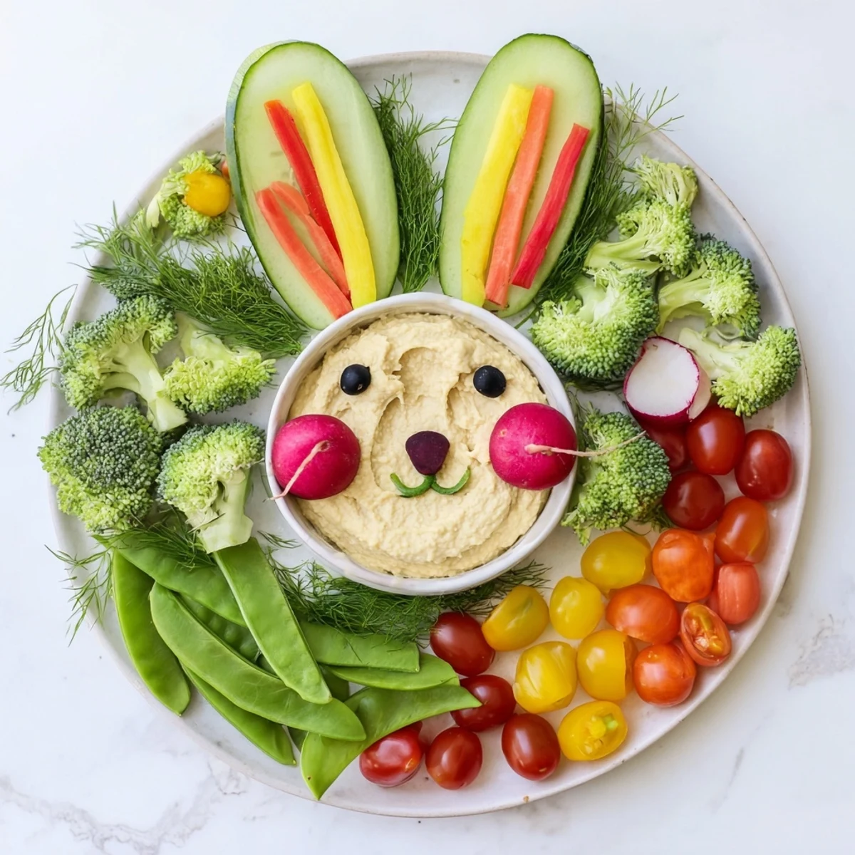 A whimsical Bunny Meadow Veggie Board showcases vibrant carrots, tomatoes, and broccoli surrounding creamy dip.