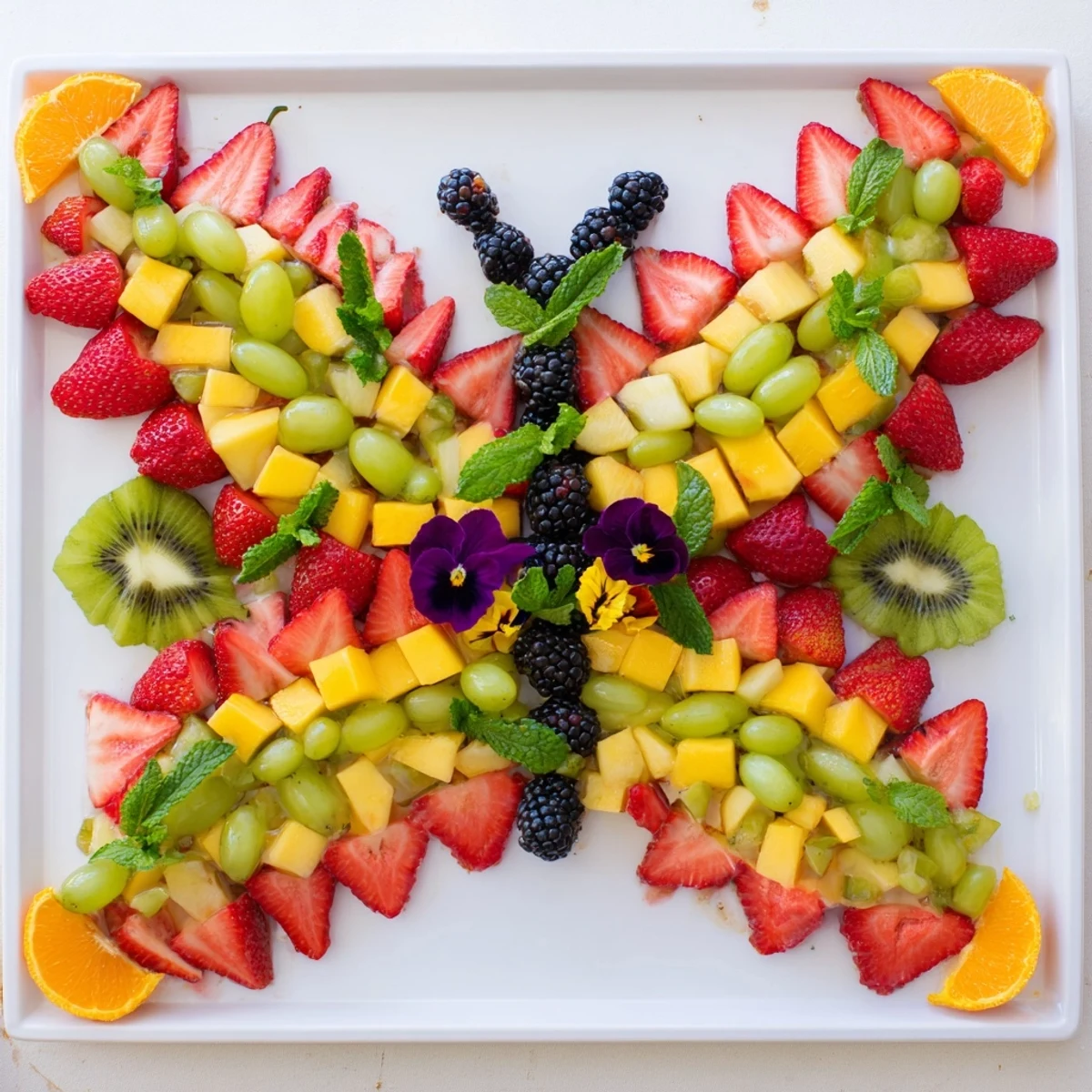 Vibrant Butterfly Bloom Fruit Board arrangement showcasing colorful strawberries, grapes, and pineapple, artfully designed.