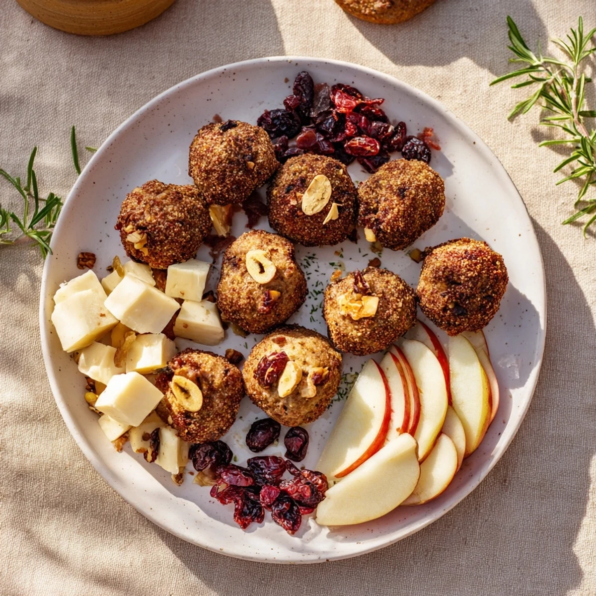 A visually appealing Squirrels Acorn Hoard Platter, packed with textures of cheese, fruits, and fragrant rosemary sprigs.