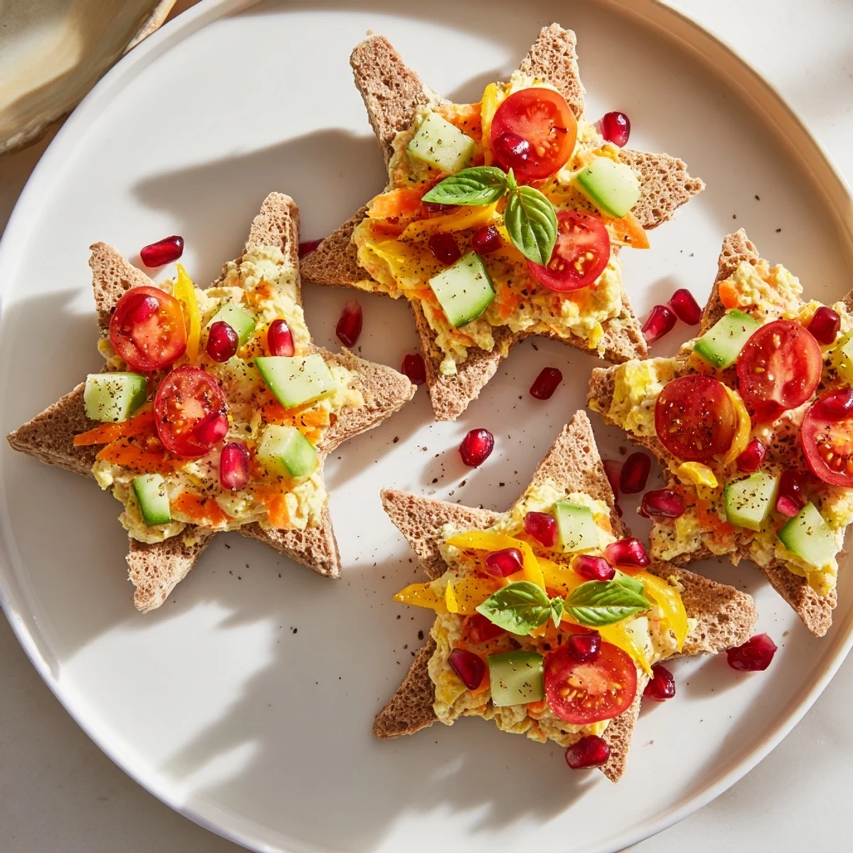 Bright, star-shaped Crown Jewels Sandwiches on a platter, showcasing colorful vegetable filling for easy snacks.