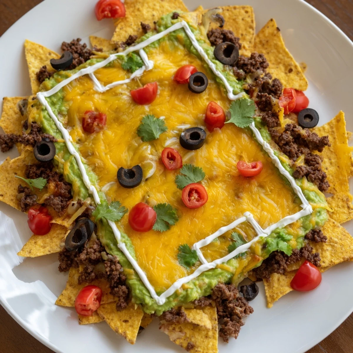 This loaded soccer field nacho platter showcases a delicious crowd-pleaser with colorful, fresh toppings and cheese.