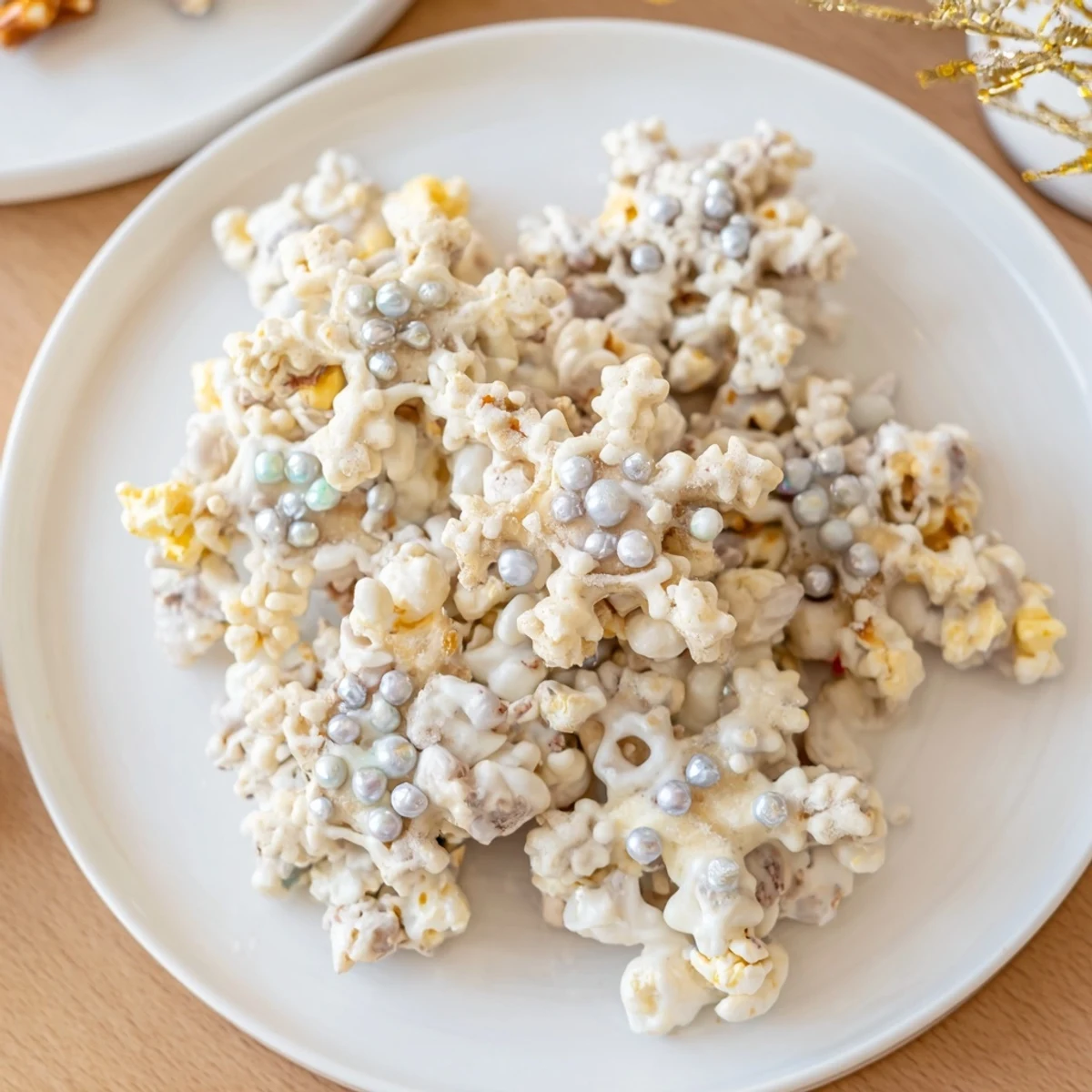 Close-up of Ski Season Snowflake Snack Mix, a sweet and salty winter treat with festive sprinkles.