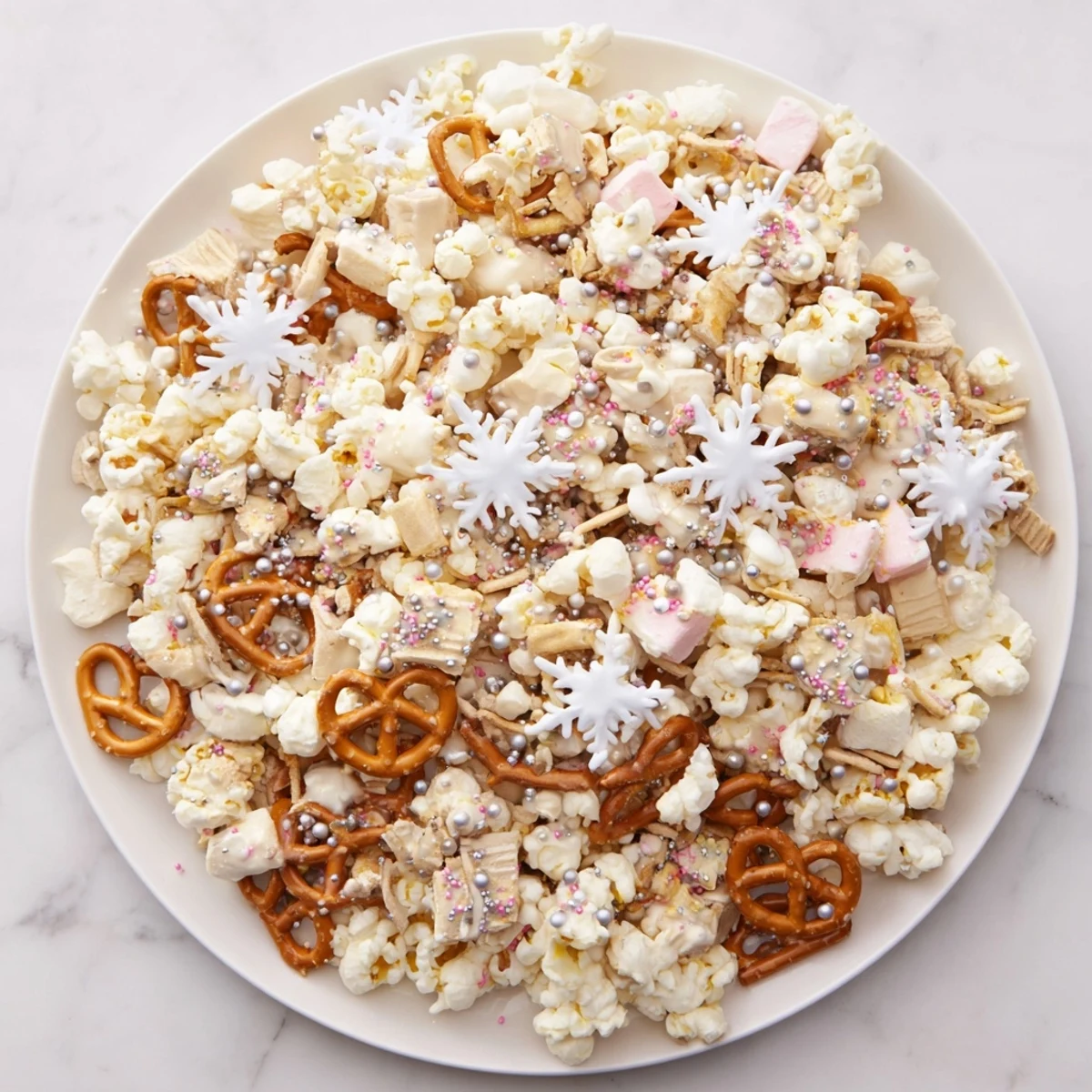 Melted white chocolate coats the pretzel-based Ski Season Snowflake Snack Mix, ready to be enjoyed.