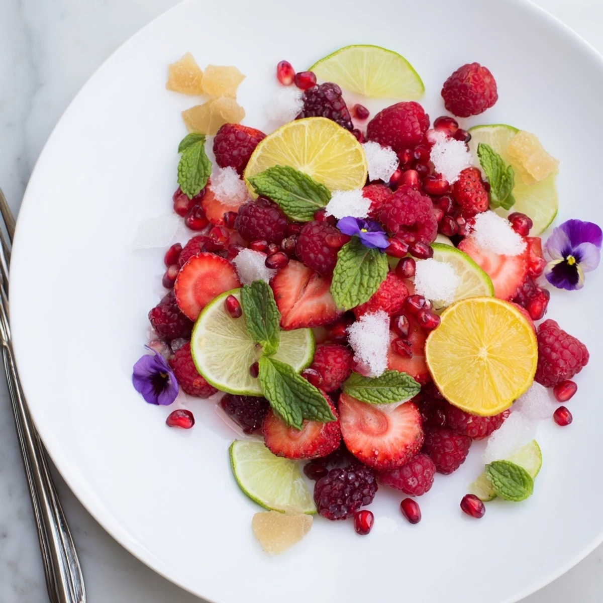 A beautiful display of Champagne bar garnishes: raspberries, mint, and candied ginger for a celebratory toast.