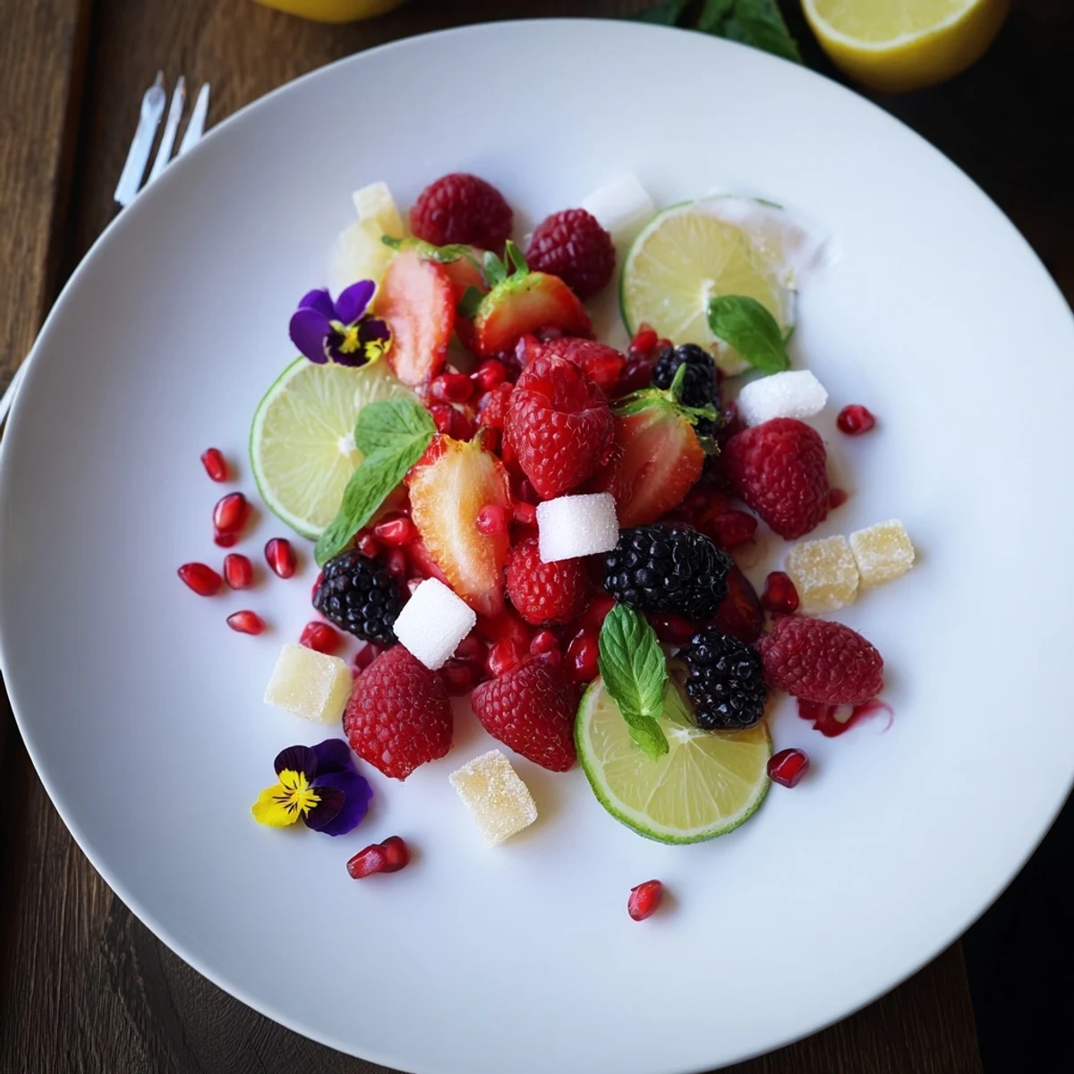 Bright and colorful Champagne bar garnishes with fresh berries, citrus slices, and edible flowers arranged.