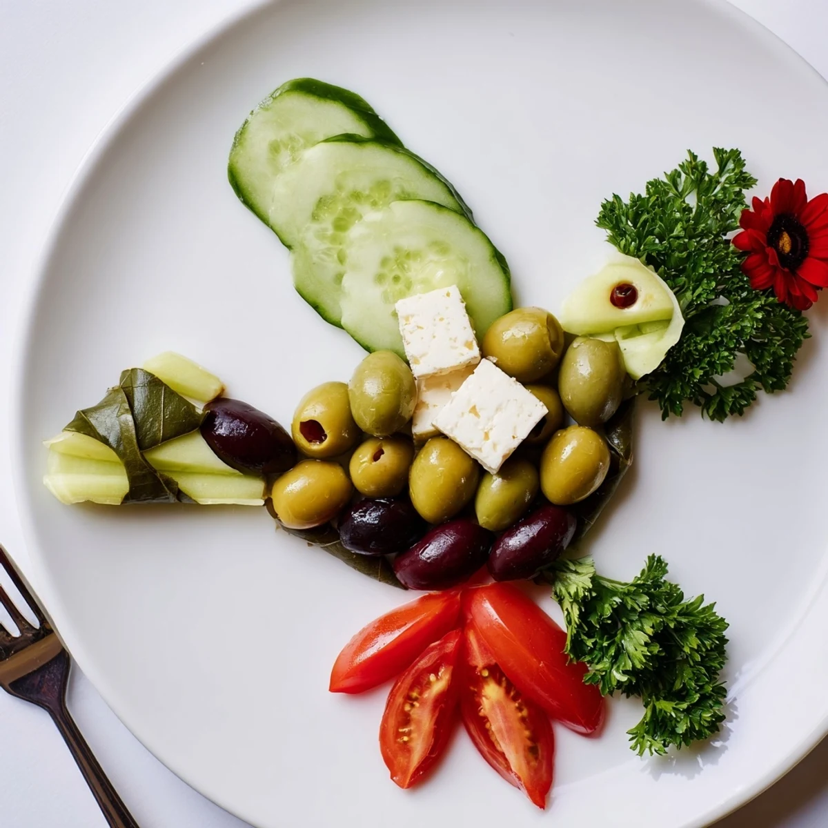 Colombe de la Paix Olive Platter, a visually stunning appetizer arranged like a peaceful dove, features vibrant olives.