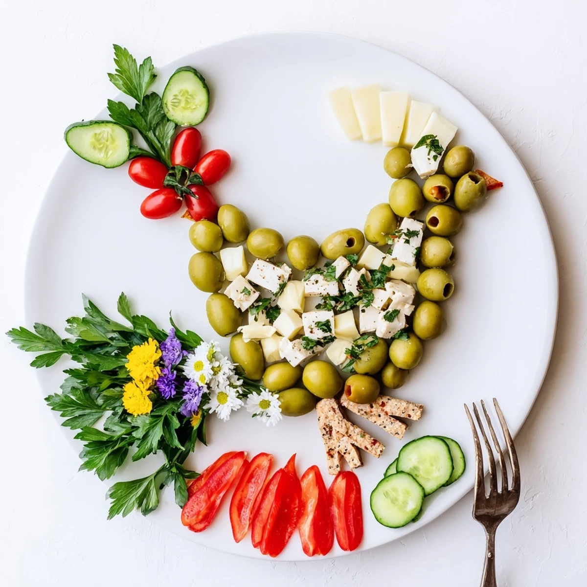 This Colombe de la Paix Olive Platter showcases olives, cheeses, and fresh veggies, creating a delicious Mediterranean appetizer.