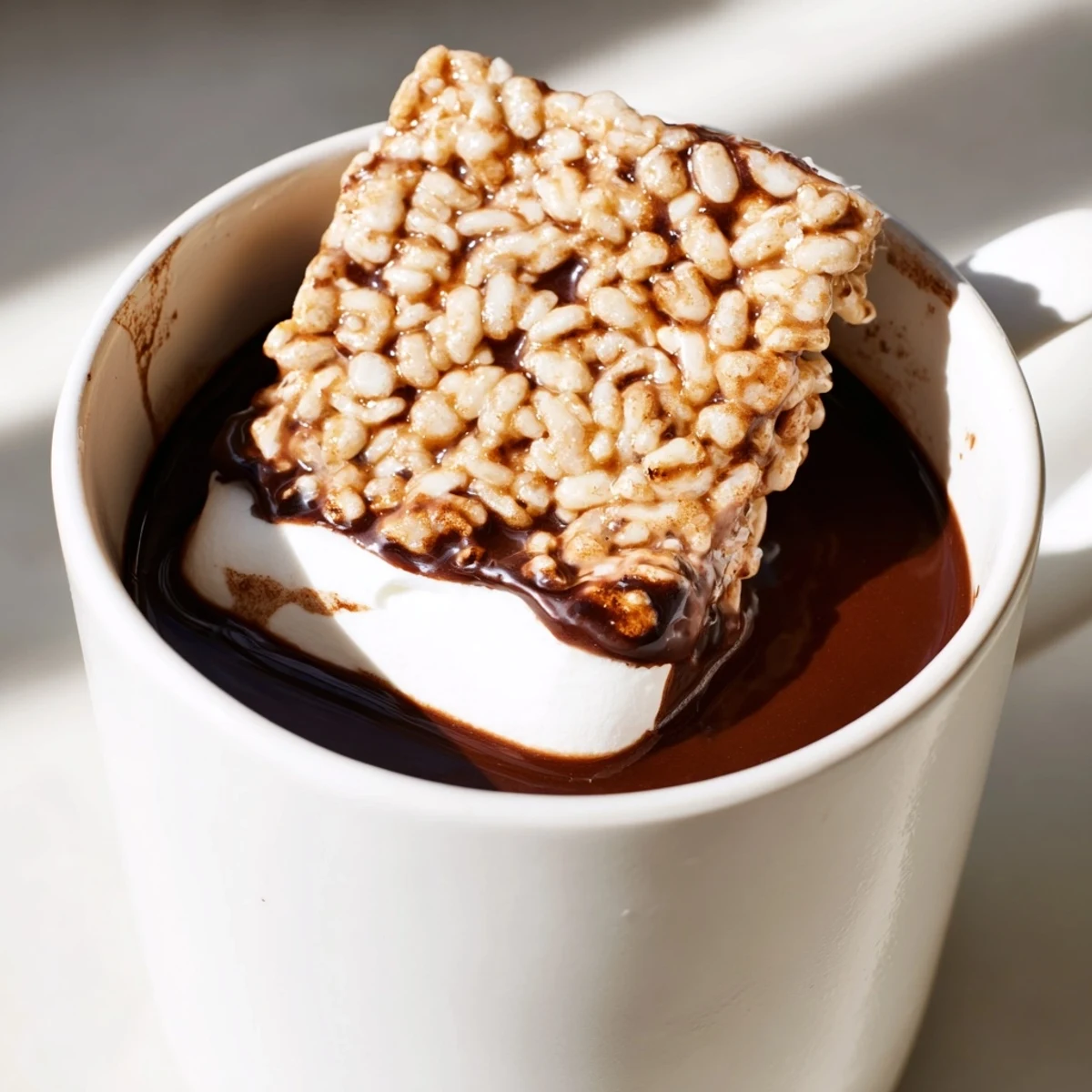 Steaming hot chocolate swirled with marshmallow bar; a comforting dessert.
