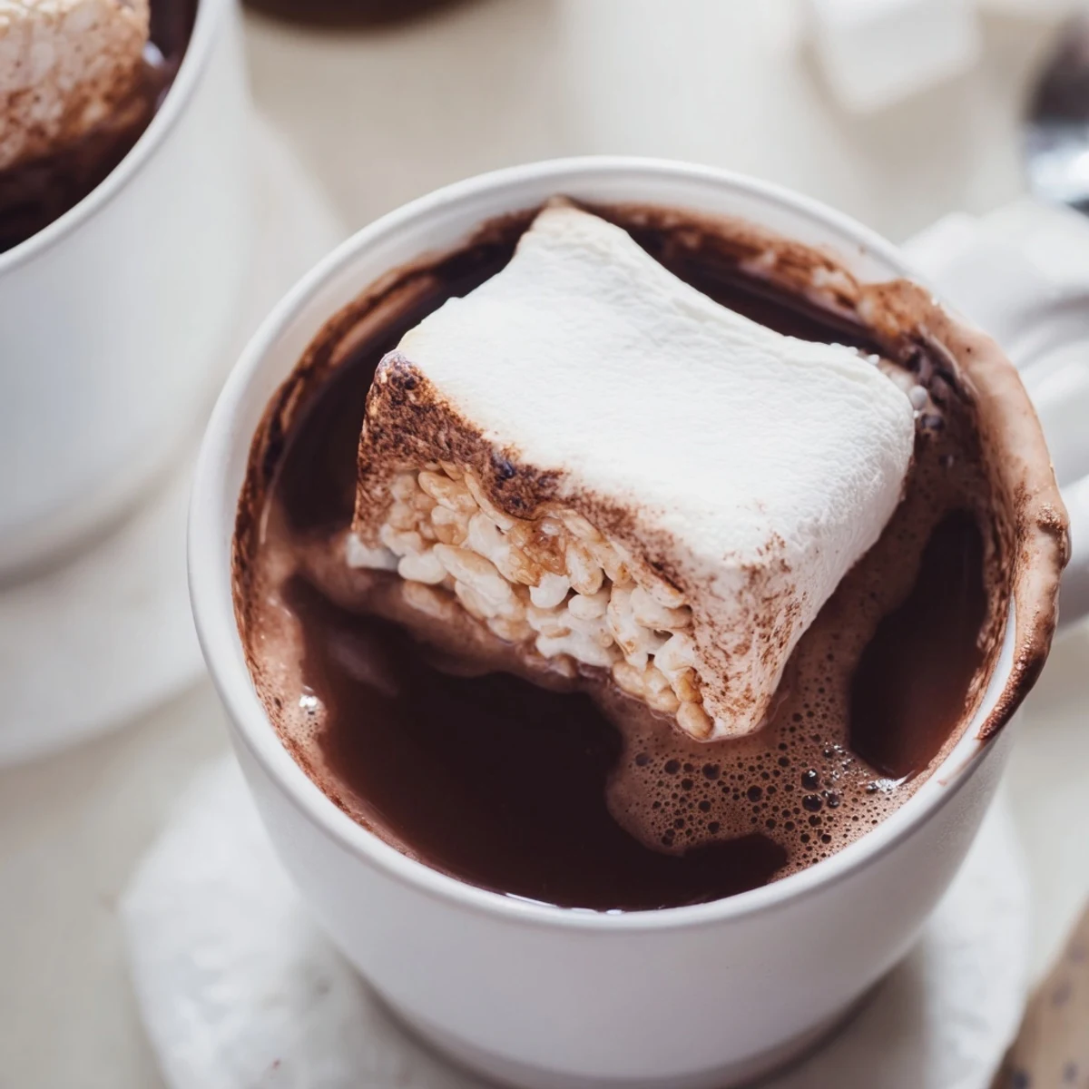 Cozy mug filled with rich hot chocolate, topped with a melting bear-shaped marshmallow.