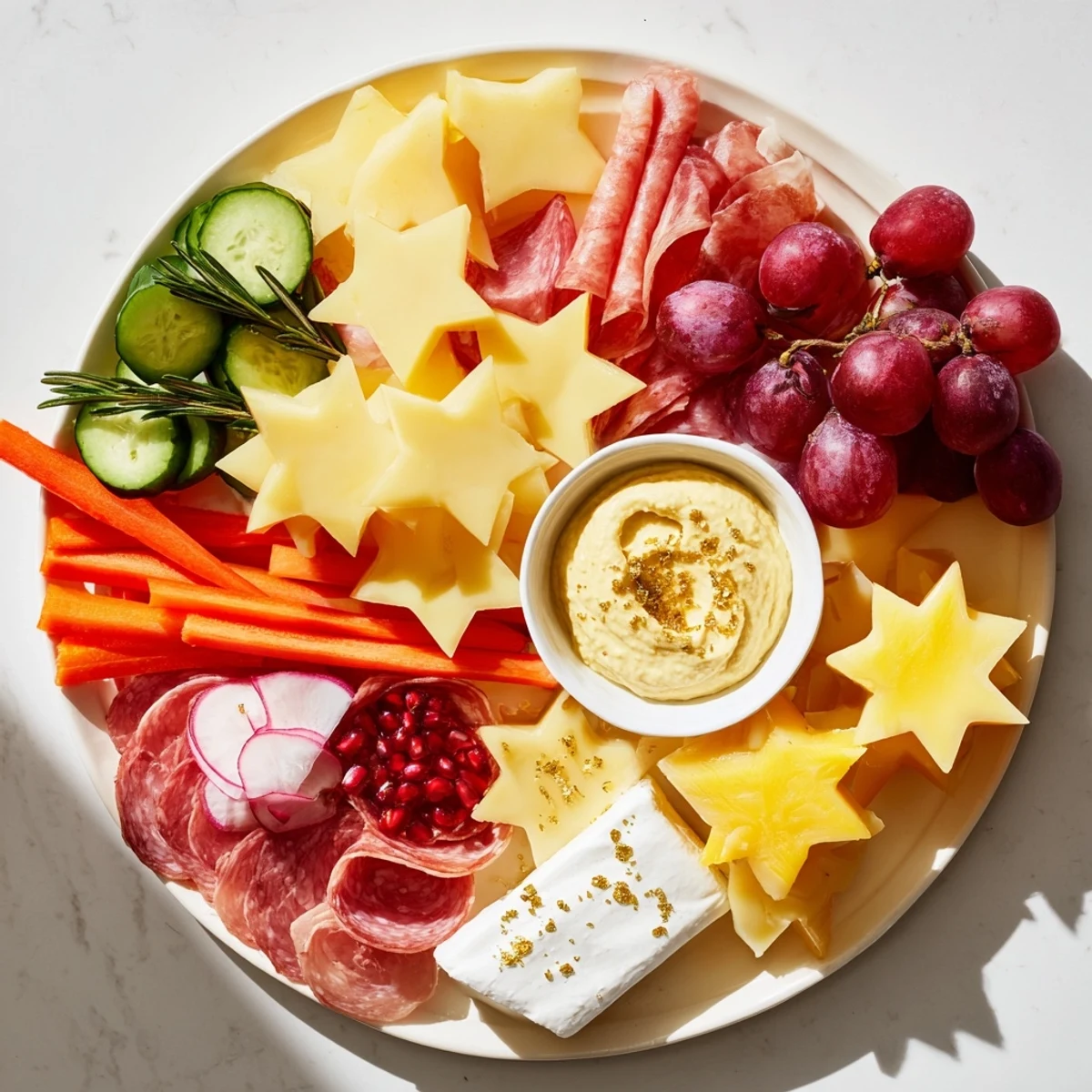 Festive Happy New Year 2026 Star Board showcasing cheddar stars and a variety of delicious appetizer options.