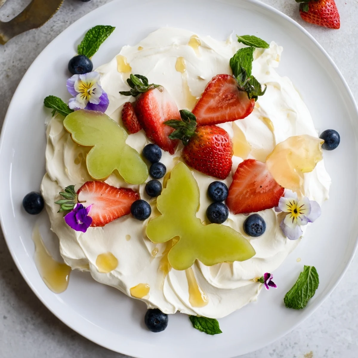 Butterfly Fruit and Cream Cheese Board with fresh fruit, creamy cheese, and butterfly pineapple shapes.