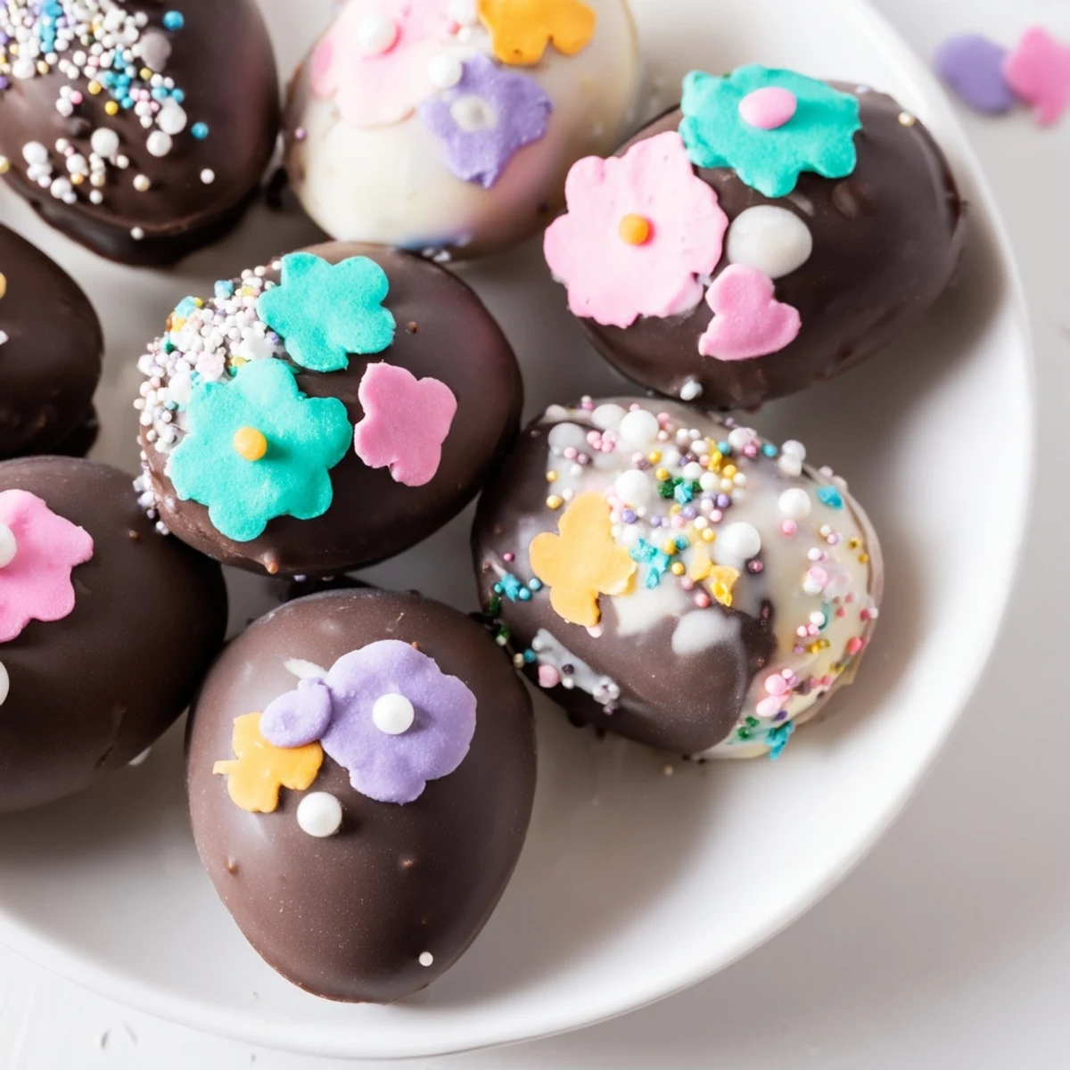 Vibrant Easter candy: Decorated egg candies arranged on a platter, showcasing colorful sprinkles and festive decorations.