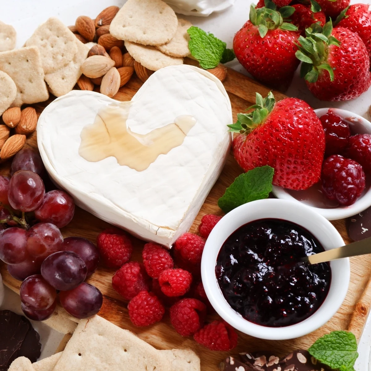 Sweetheart Brie and Jam Board filled with ripe fruit, crackers, and creamy Brie, a Valentine's Day treat.
