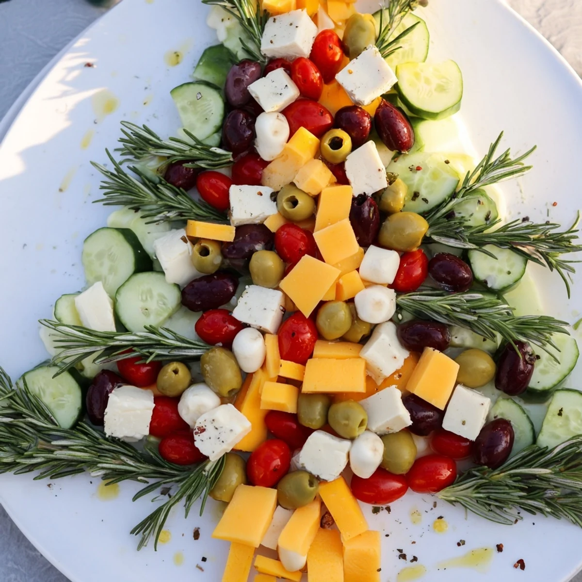 Vibrant cheese and olives: Pine Tree Olive Wreath appetizer, ready for a holiday spread, enticingly arranged.
