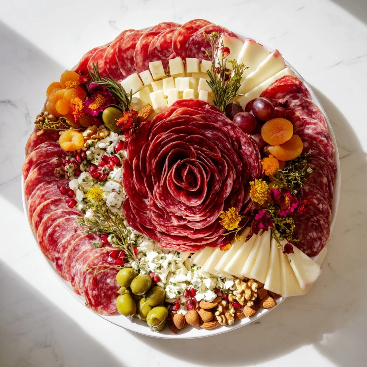 Elegant close-up of a festive charcuterie board; meat roses nestled among grapes and cheeses.