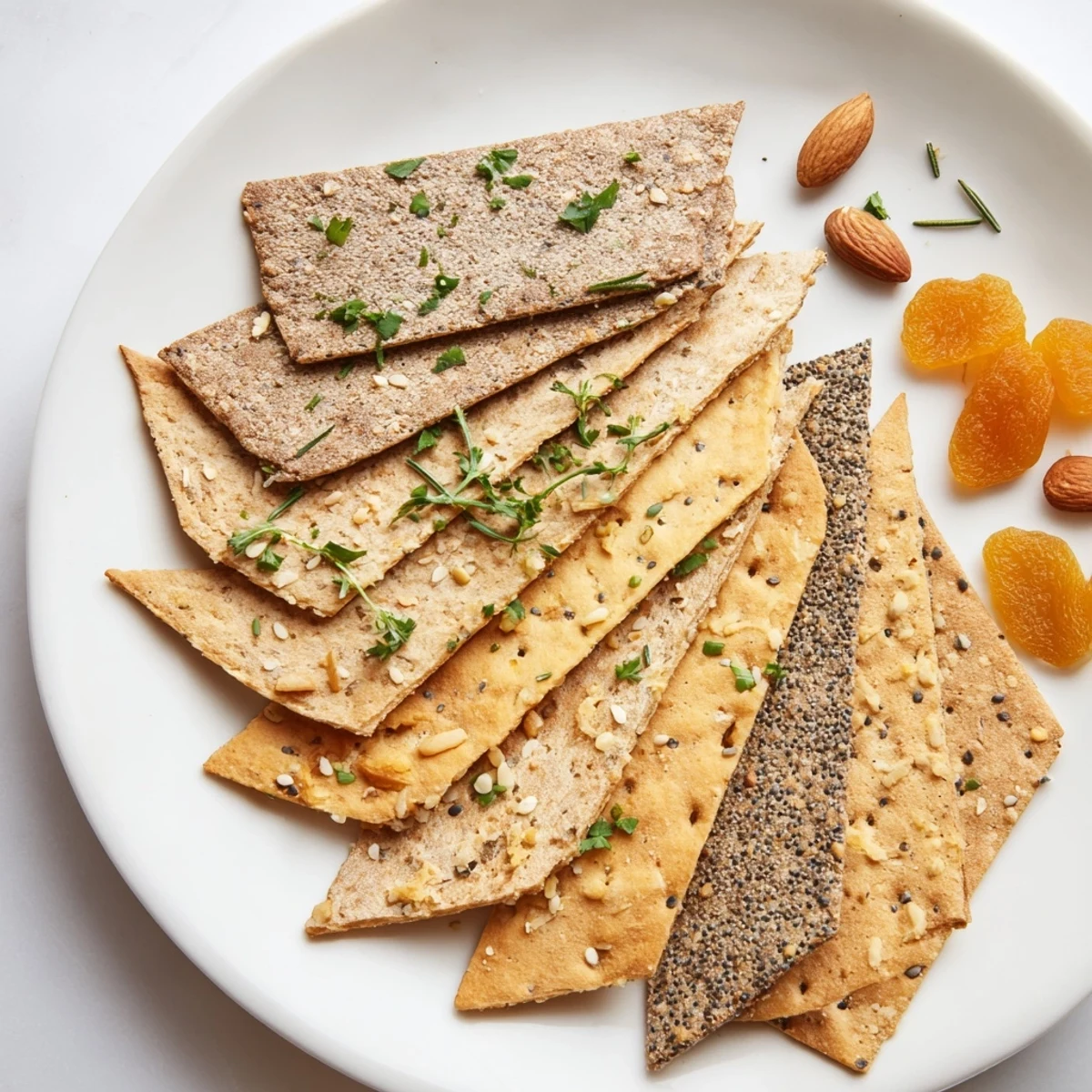 Assorted gourmet crackers, arranged in a layered fan, a delicious and easy party snack.