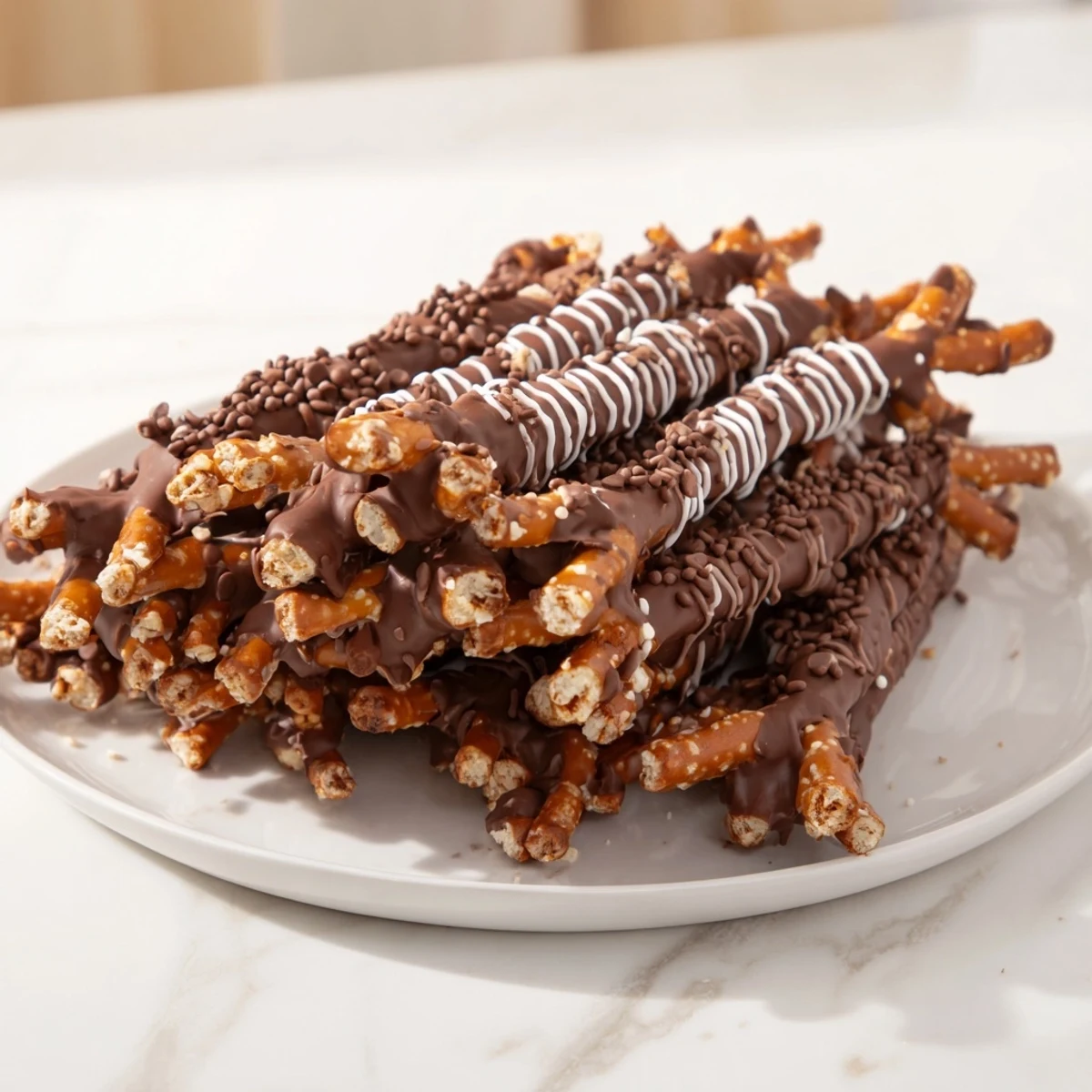 Visualize a close-up of chocolate covered pretzel stick stack ready to be devoured, perfect for snacking.