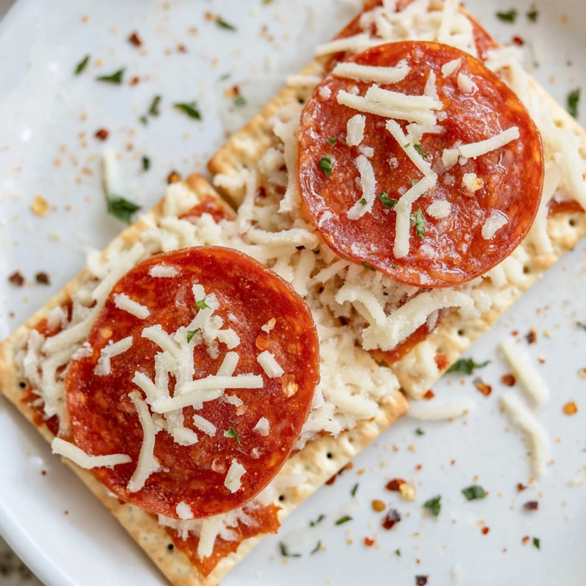 Crispy pepperoni topping a savory cracker, melted cheese, part of the savory bites recipe.