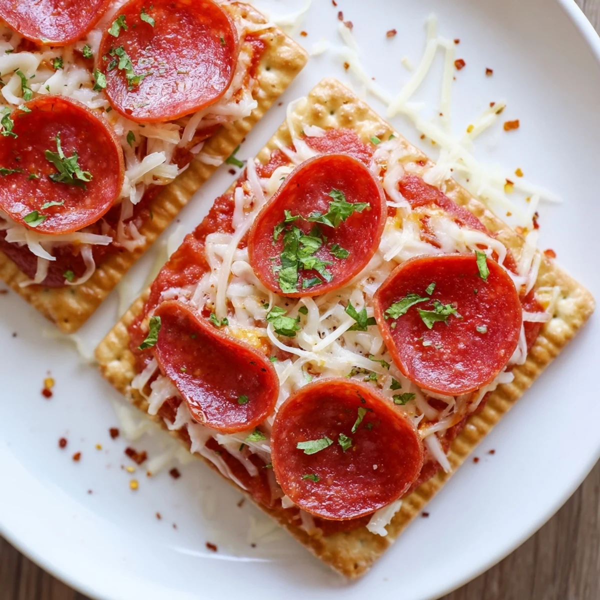 A close-up of golden, bubbly savory bites with a cheese and pepperoni cracker base.