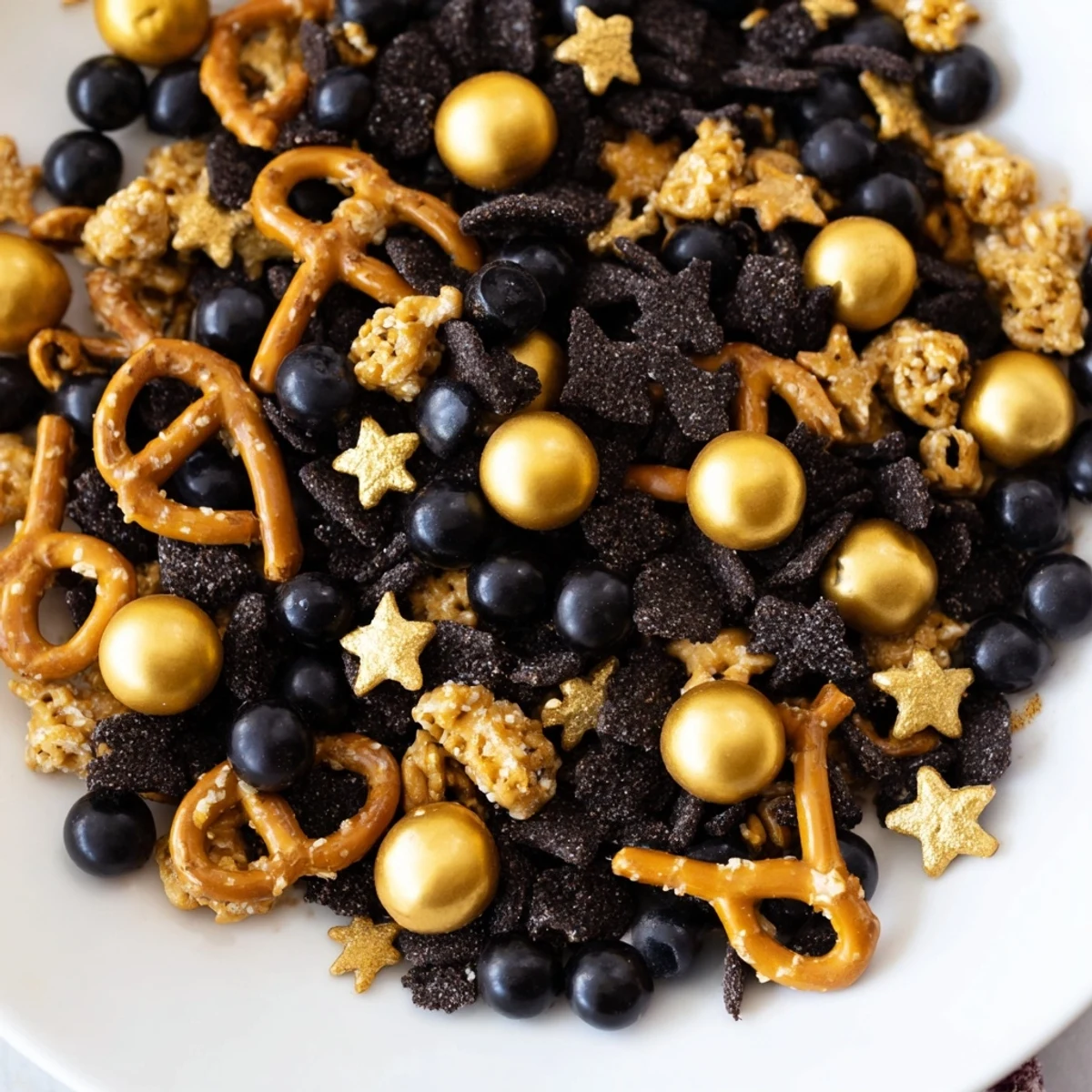 Crispy black cocoa cereal and gold sprinkles combine in this delicious midnight snack mix.