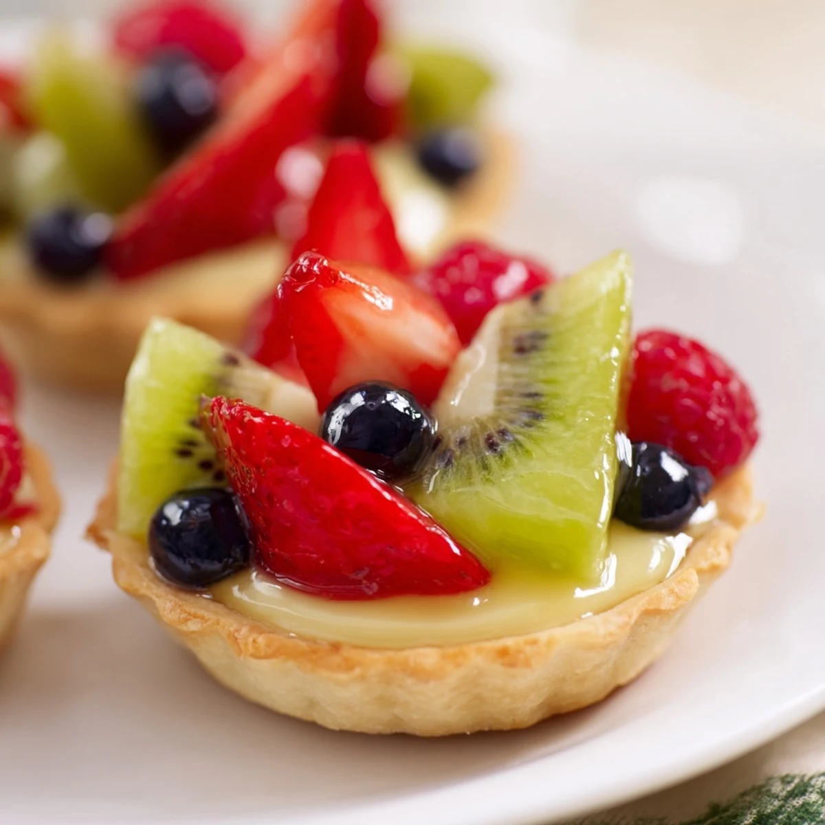 Buttery, golden mini fruit tartlets showing a colorful fruit mosaic, a perfect dessert centerpiece.