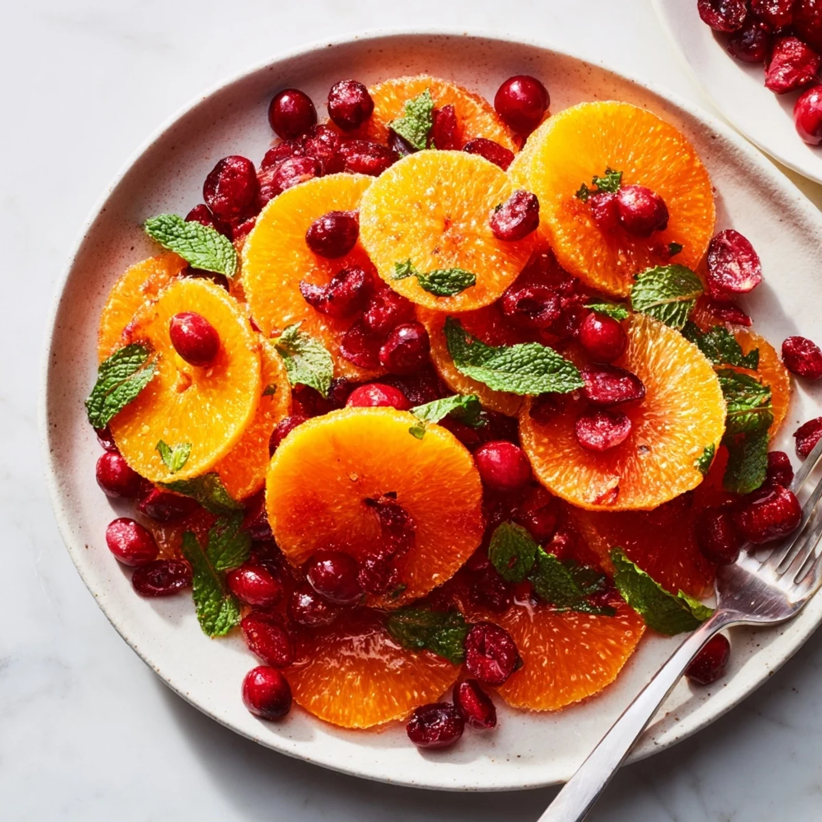 Freshly arranged orange slices and cranberries compose this refreshing winter fruit platter, ready to serve.