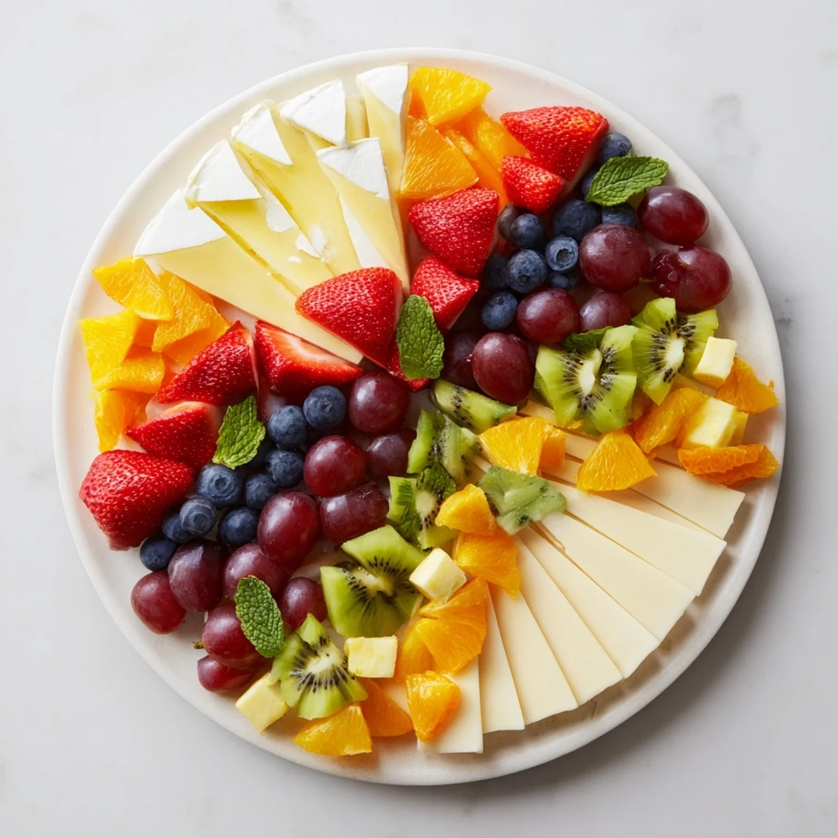 A dazzling Kaleidoscope Circle arrangement, featuring fresh fruit and cheeses, ready to be served.