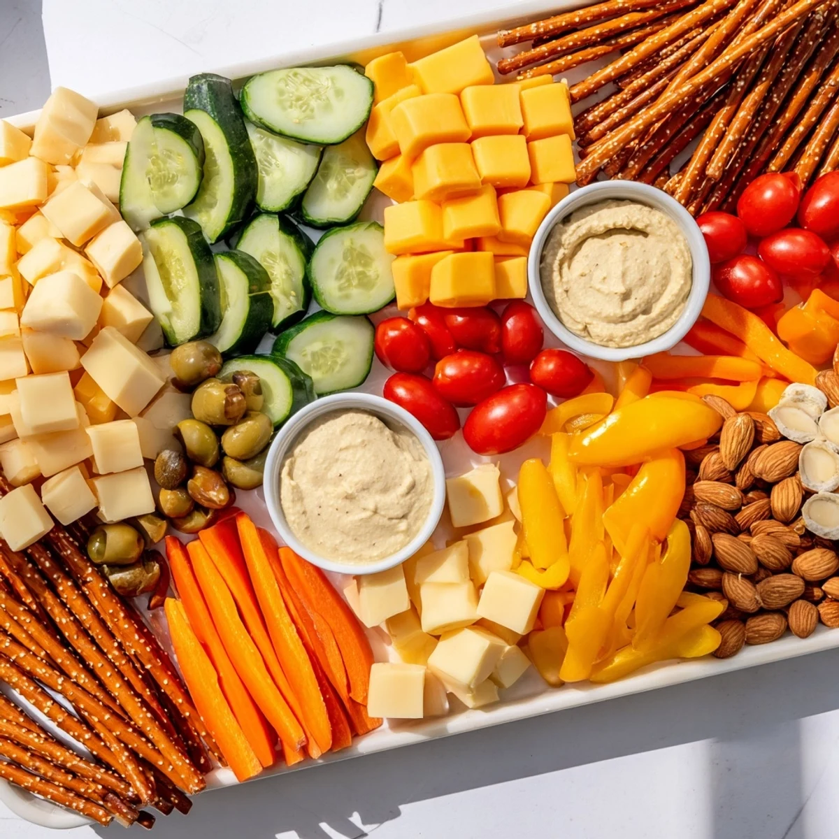 A vibrant overhead shot of The Urban Grid snack platter featuring cheese, meats, and veggies arranged in city blocks.