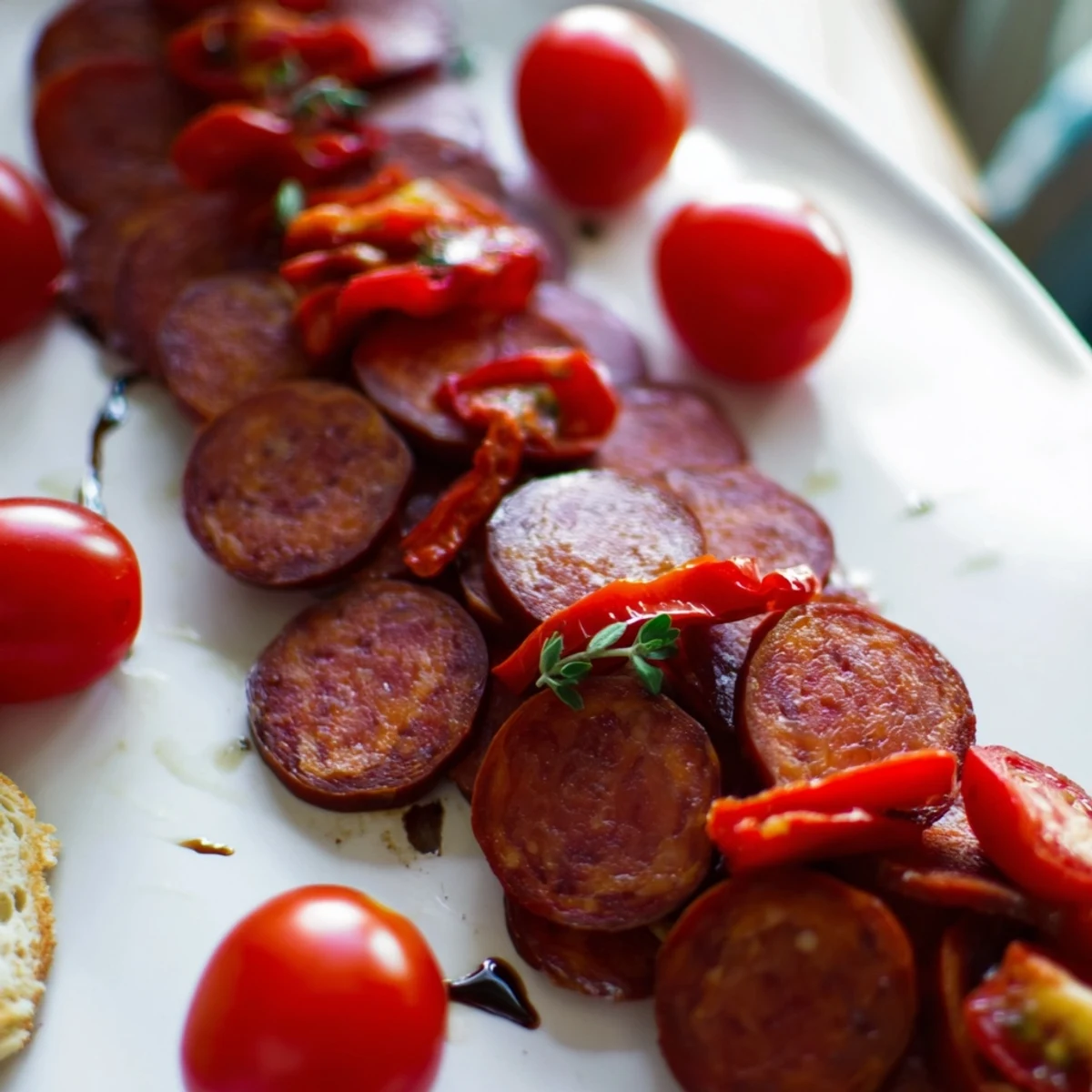 Vibrant image shows The Crimson Tide, a delicious appetizer with a flowing chorizo and cherry design.