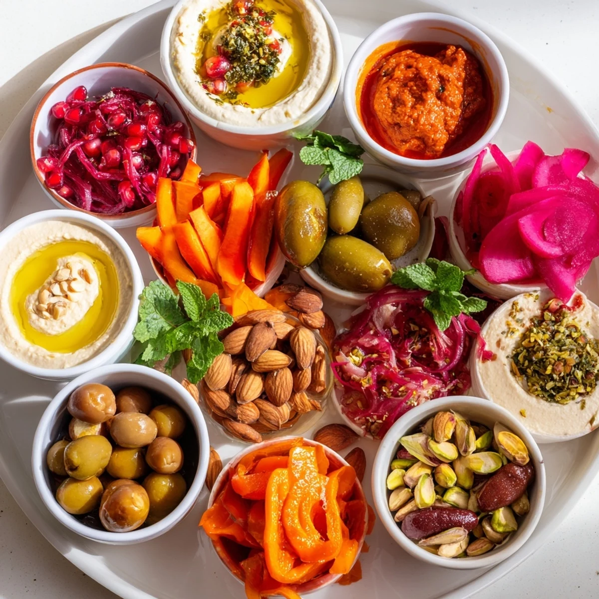 Close-up of a Moroccan Tile Mosaic: vibrant dips and toasted bread invite you to enjoy this mezze platter.