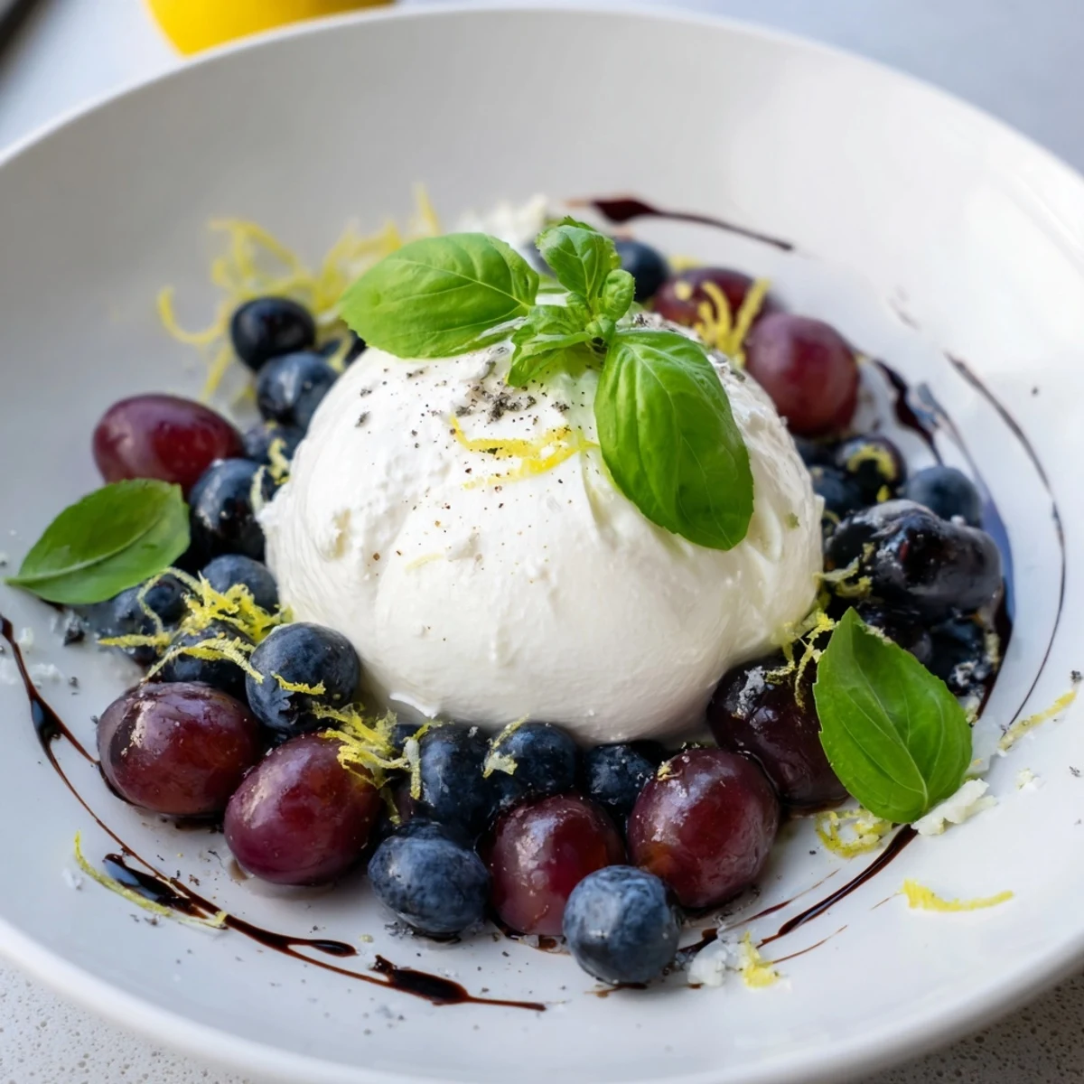 Moonlit Lagoon salad with creamy burrata, ripe grapes, and blueberries, perfect light summer appetizer.