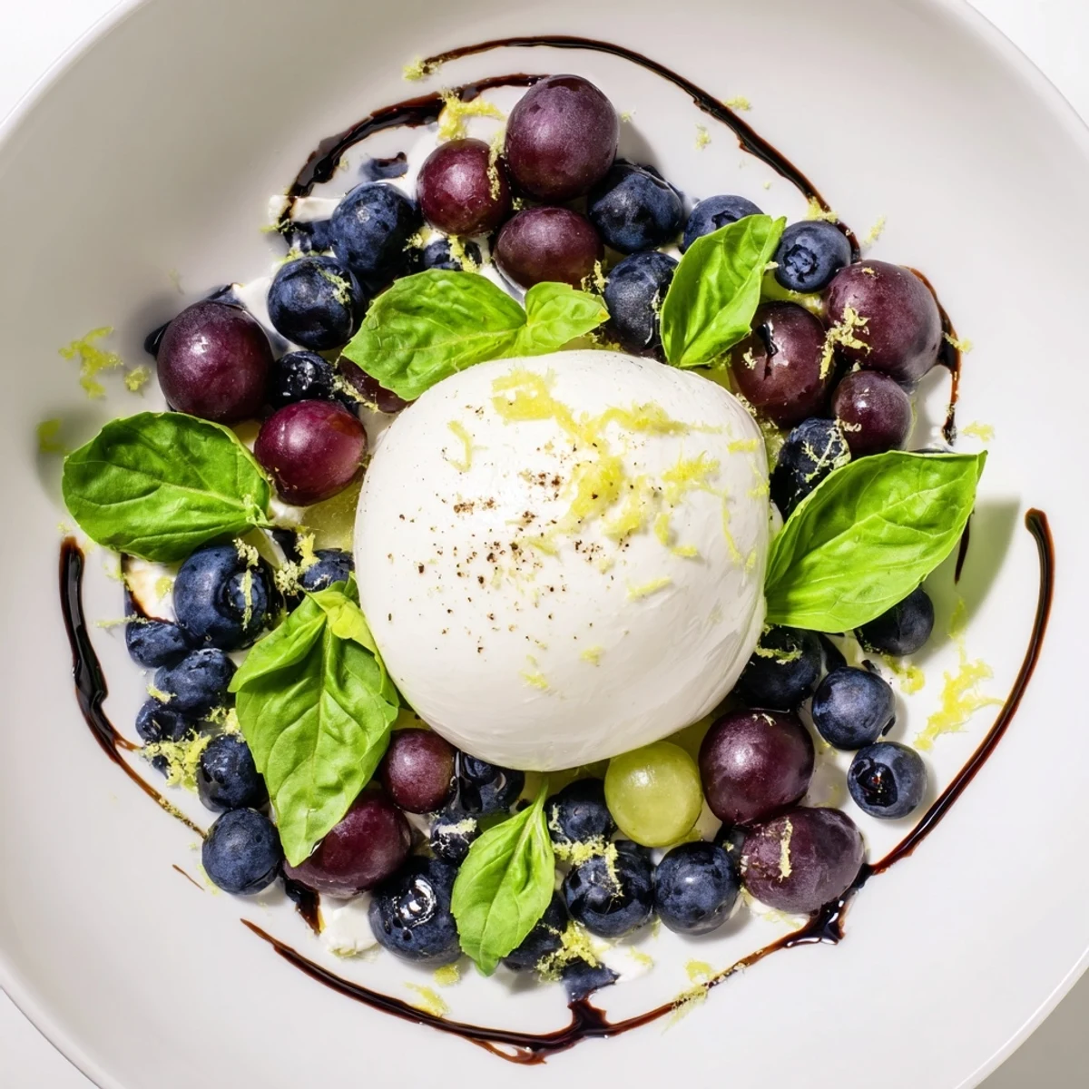 Fresh blueberries and grapes surround a creamy burrata moon in this vibrant Moonlit Lagoon salad recipe.