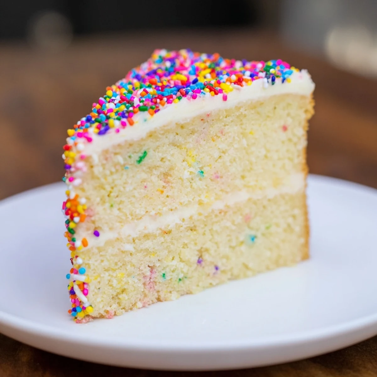 Moist vanilla slices of Happy Birthday Cake, ready to eat and frosted with smooth buttercream.