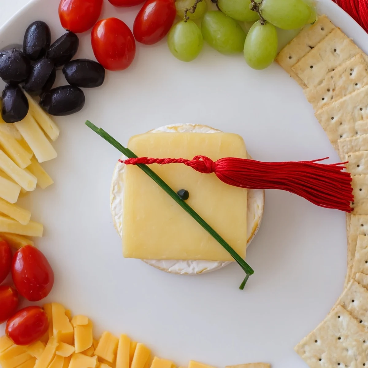 Savory Graduation Cap Platter, ready to eat, includes a cheese base, chives, and colorful, tasty fresh ingredients.