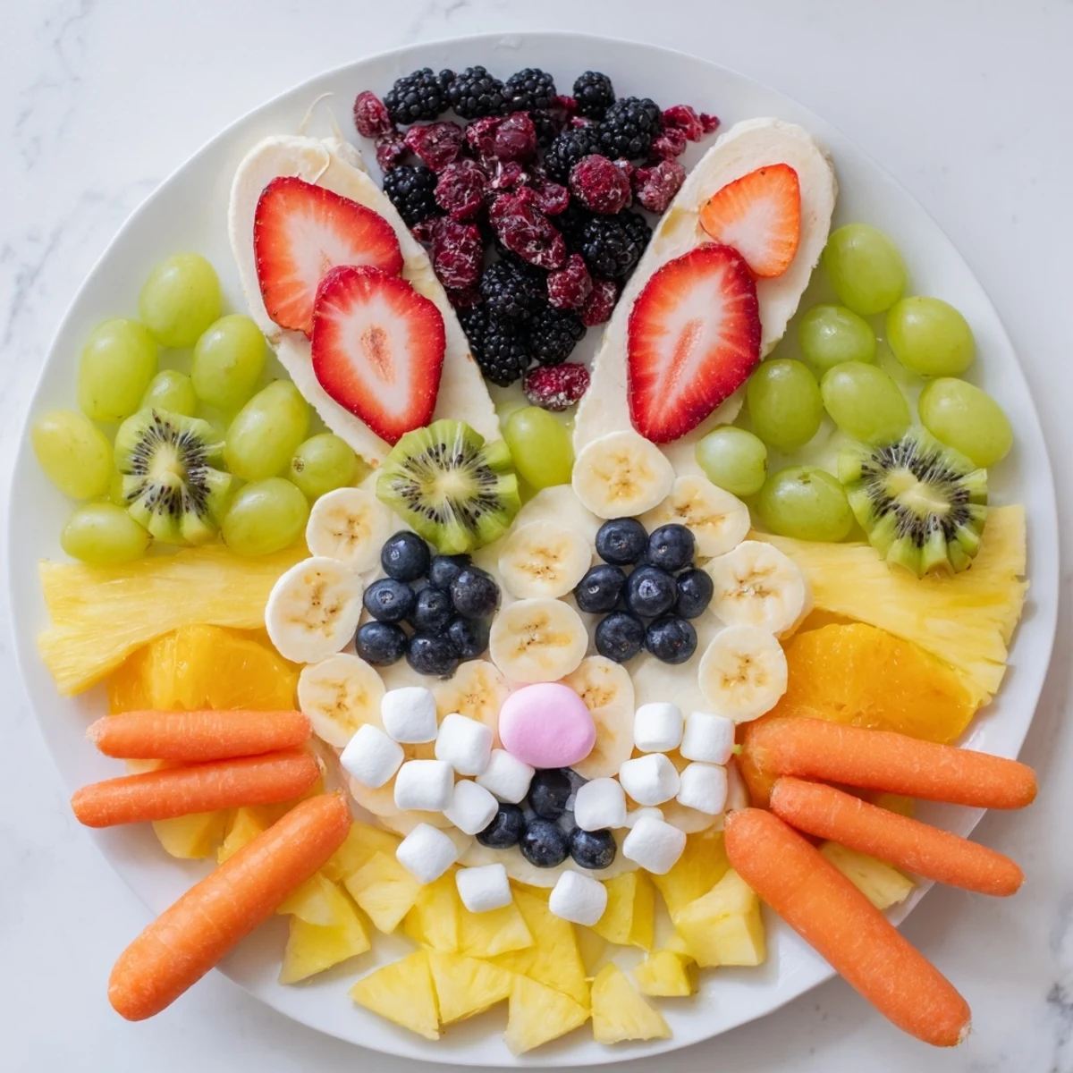 Bunny Face Fruit Salad Platter with vibrant strawberries, kiwi, and grapes, a festive Easter treat.