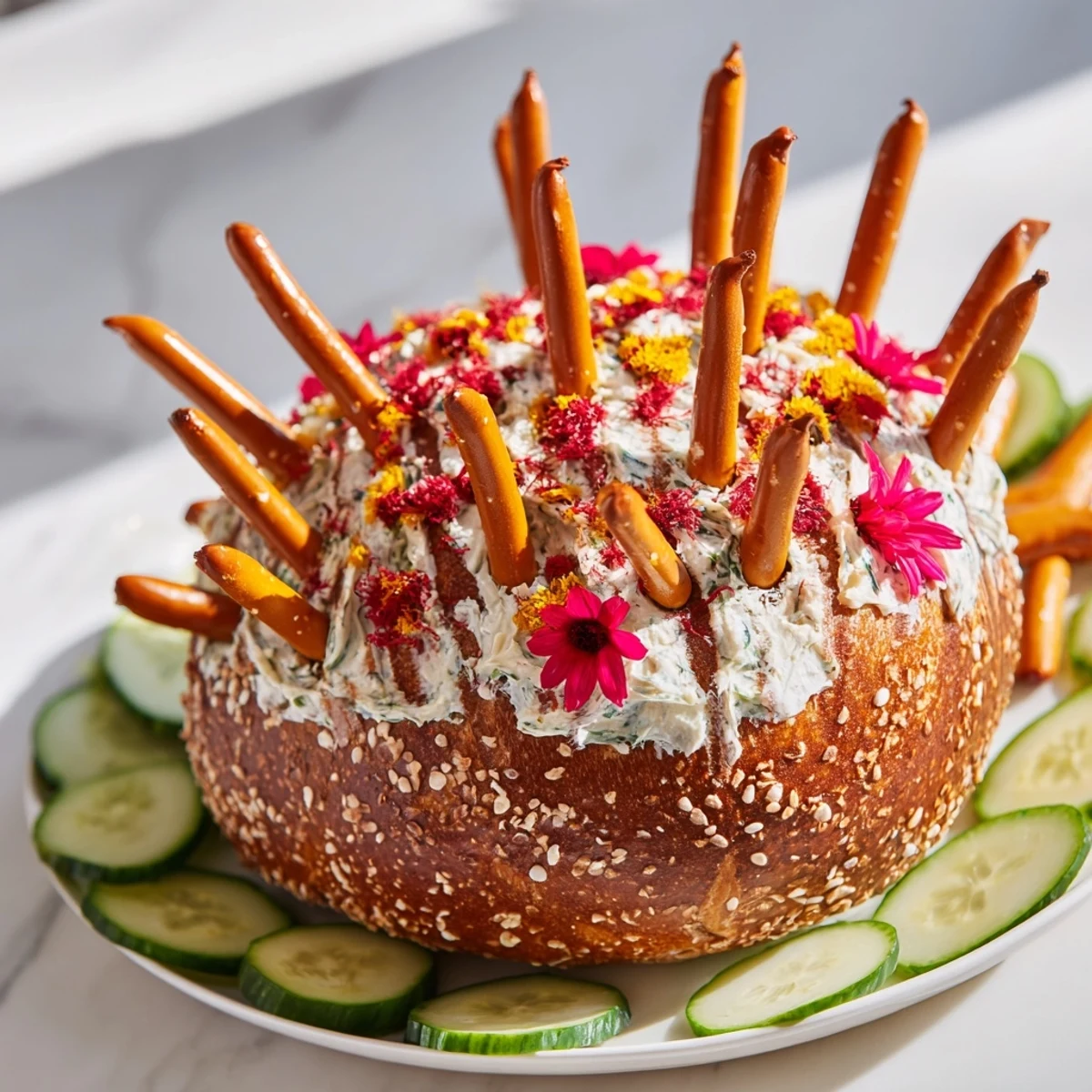 Savory Desert Cactus Bloom appetizer: a bread loaf "cactus" studded with pretzels, fruit leather flowers.