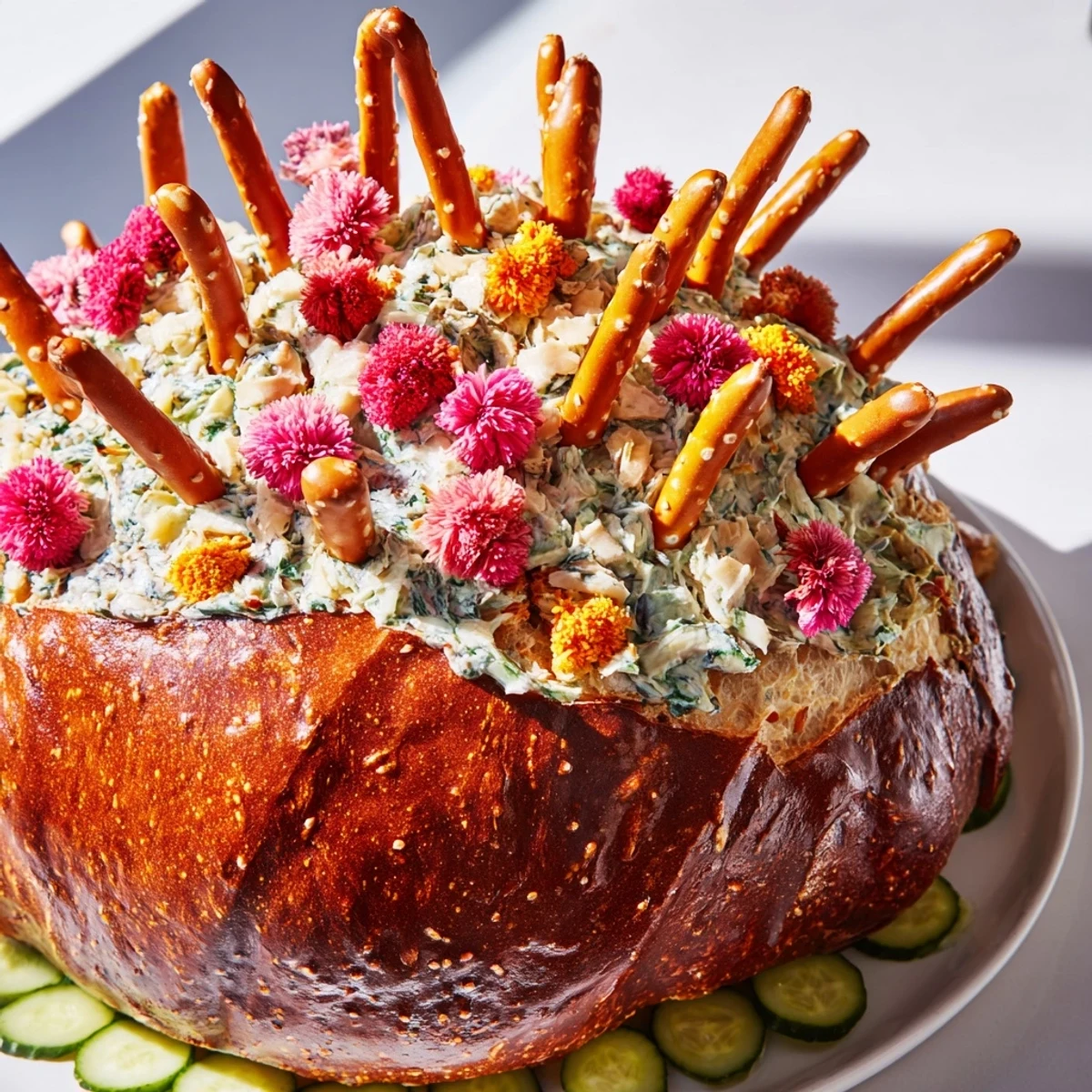 Creative Desert Cactus Bloom appetizer showcases a bread "cactus" with edible flowers and cucumber pads around the base.