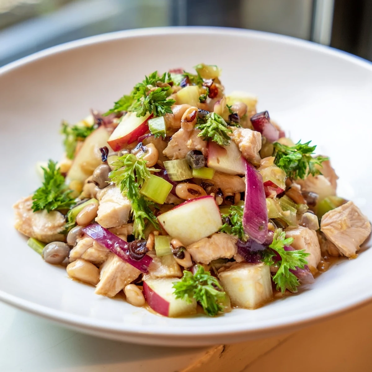 Chicken and Apple New Years Luck Salad, tossed in tangy dressing with fresh apples and pecans, ready to serve.