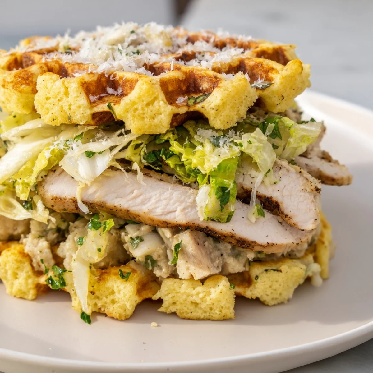 A close-up of a Chicken Caesar Waffle Sandwich, brimming with Caesar salad between two crispy waffles.