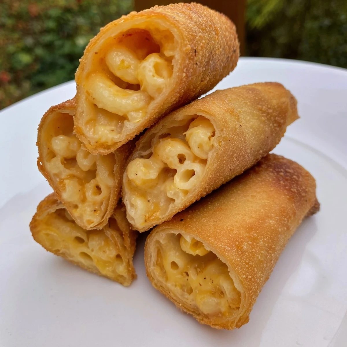 Golden, crispy Tinis Mac and Cheese Lumpia Rolls ready to be dipped and enjoyed as a snack!