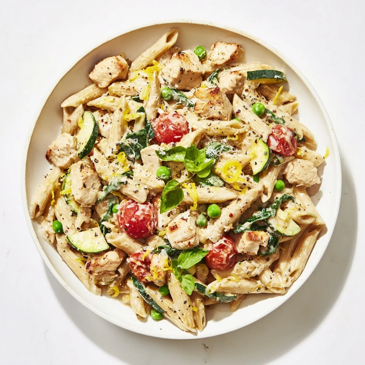 Golden-brown The Last Bite Chicken Pasta, served in a bowl, with fresh basil and Parmesan cheese sprinkled on top.