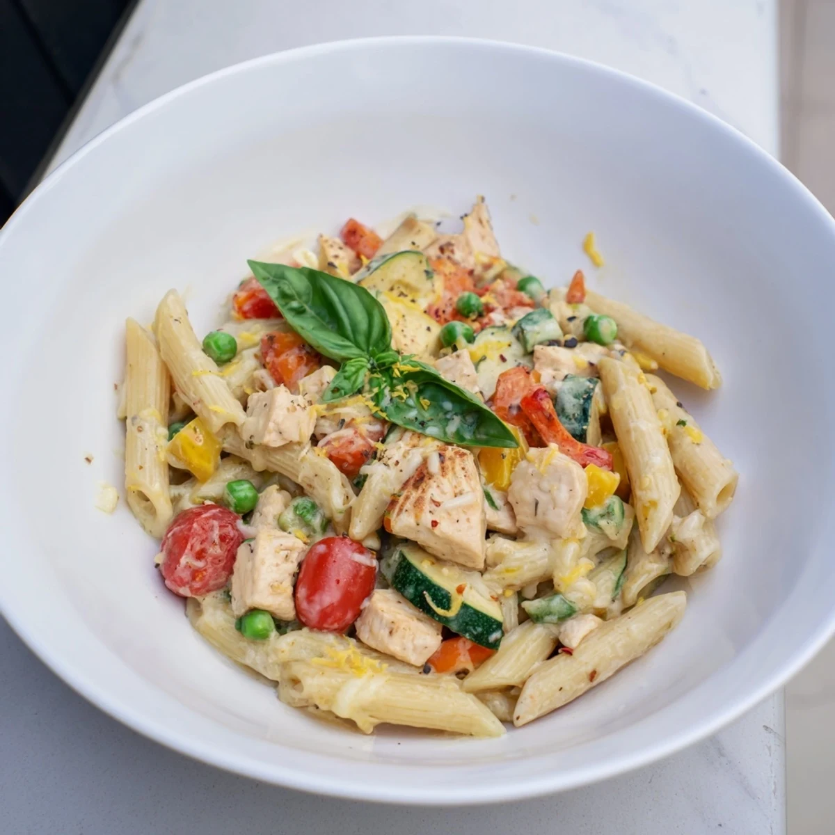 A close-up view of The Last Bite Chicken Pasta, showing the tender chicken and colorful vegetables mixed well.