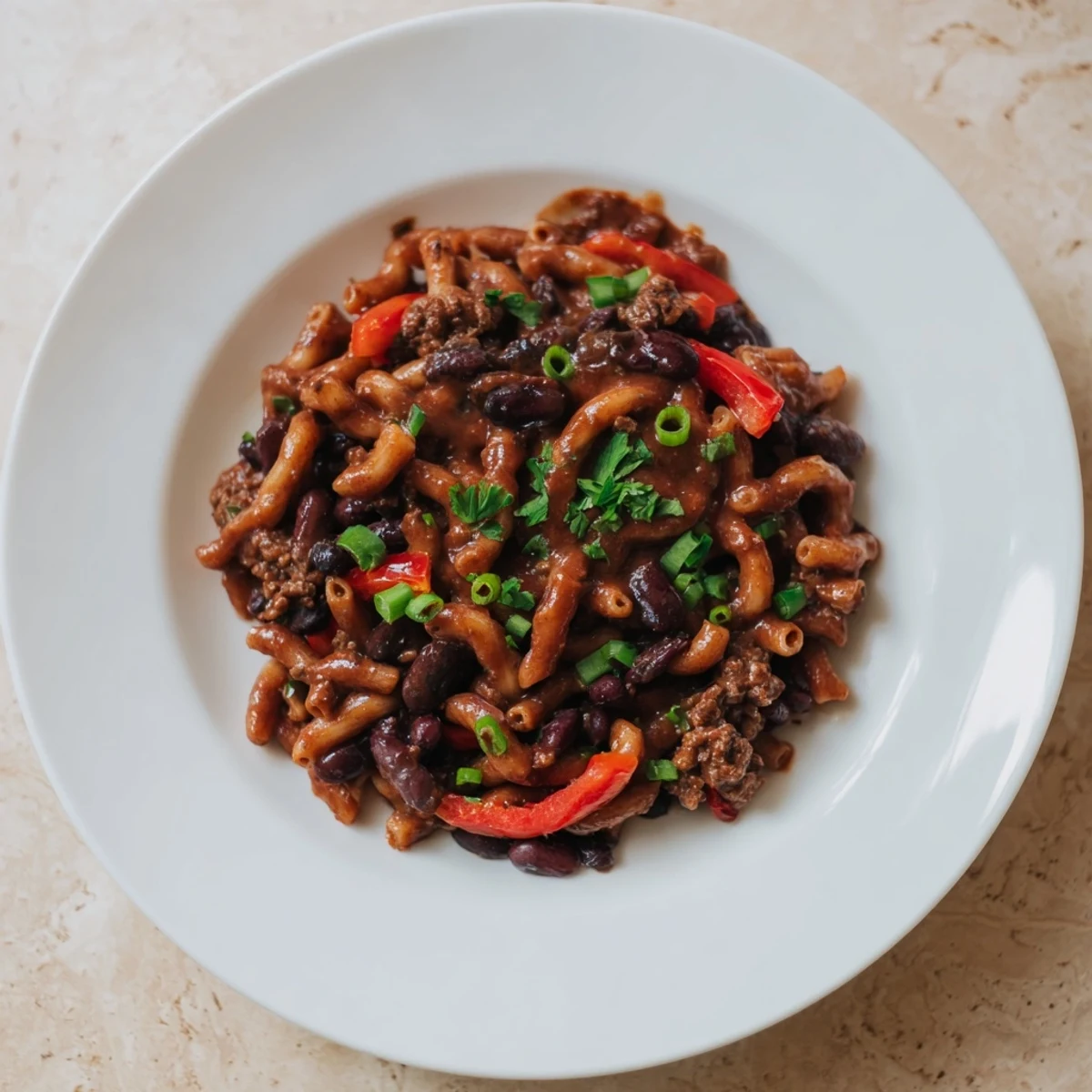 A close-up view of the hearty one-pot ditalini and hot cocoa chili with visible beans and tender pasta.