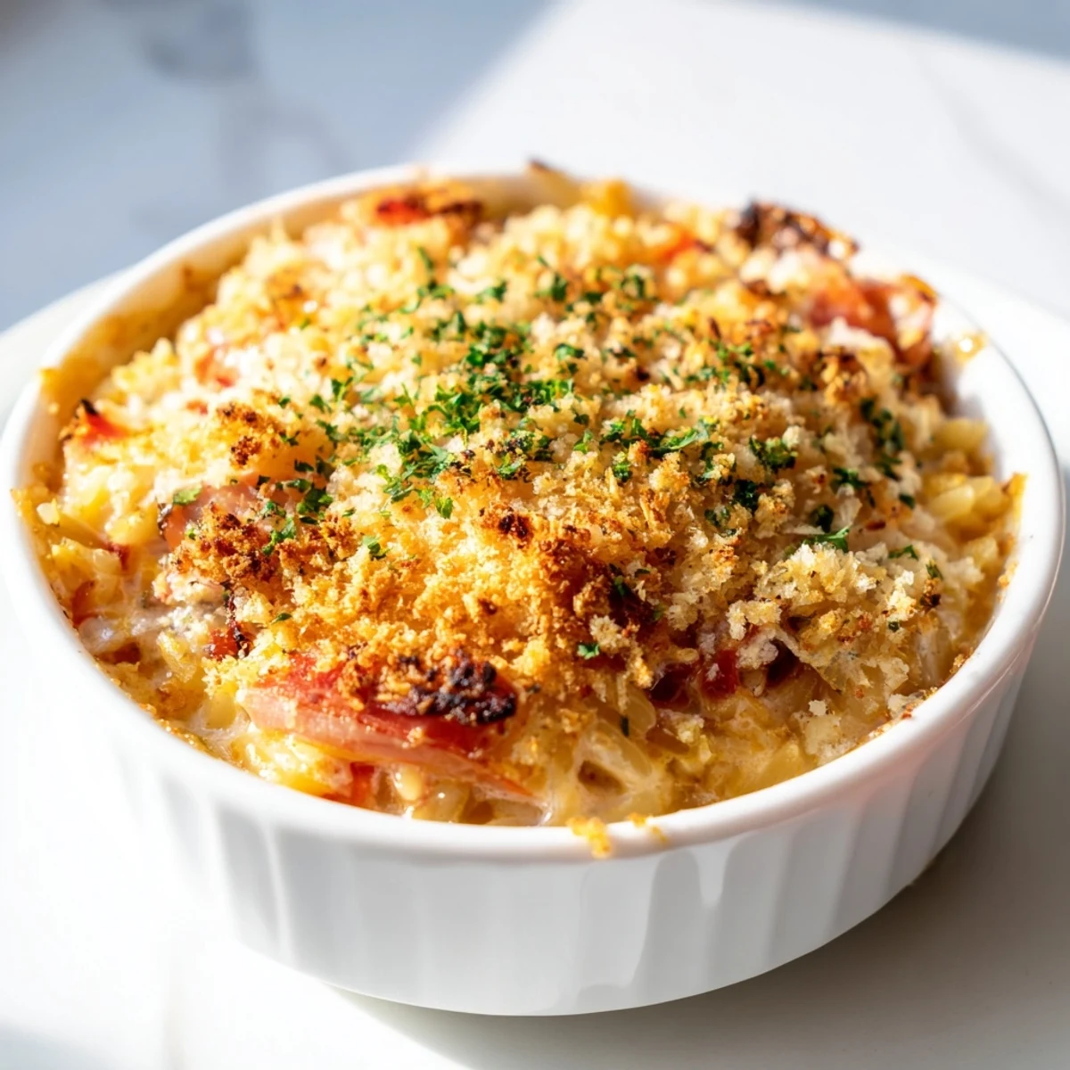 Golden-brown Marry Me Chicken Sushi Bake Cups, bubbly cheese topping, fresh basil garnish.