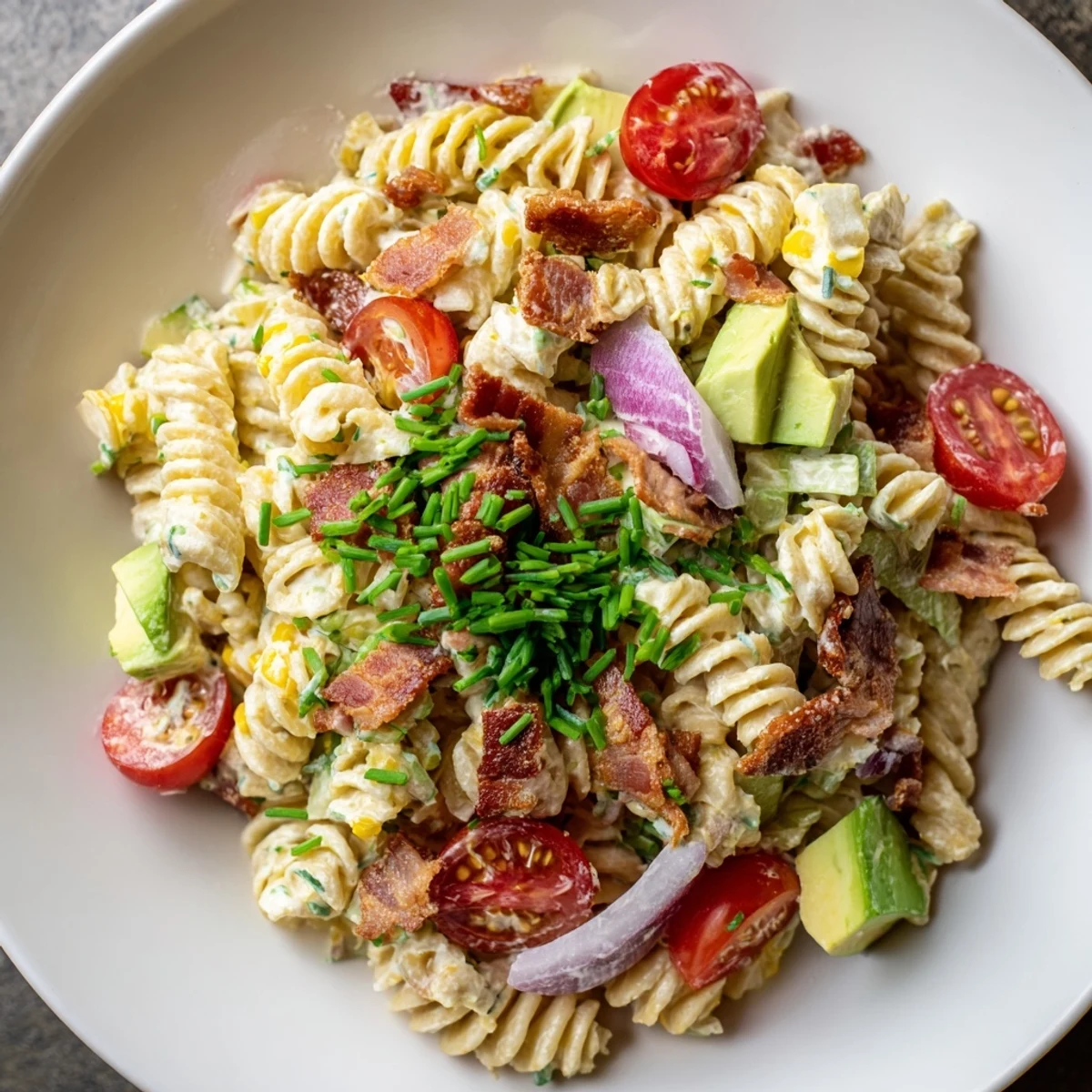 BLT Pasta Salad: Creamy pasta salad loaded with crispy bacon, juicy tomatoes, and fresh romaine lettuce.