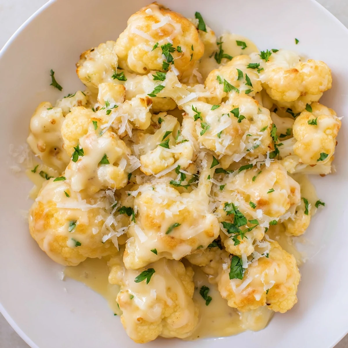 Close-up of baked Cheesy Cauliflower Mac: a low-carb treat with melted cheese and fresh parsley garnish.
