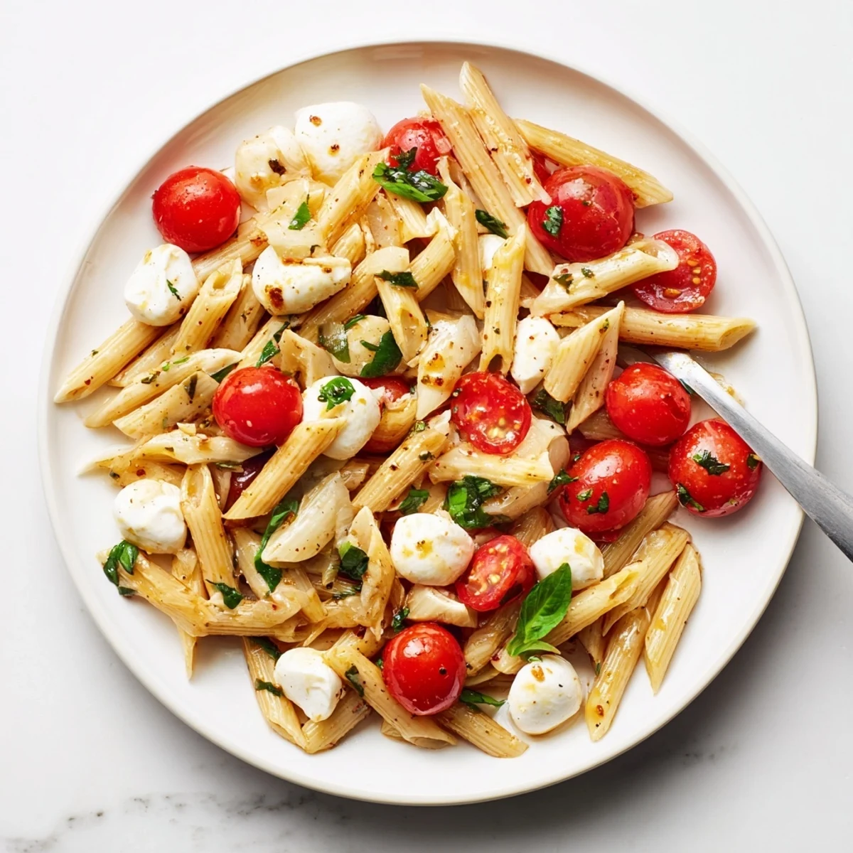 Close-up of freshly made Caprese Pasta Salad, tossed with a zesty balsamic dressing.