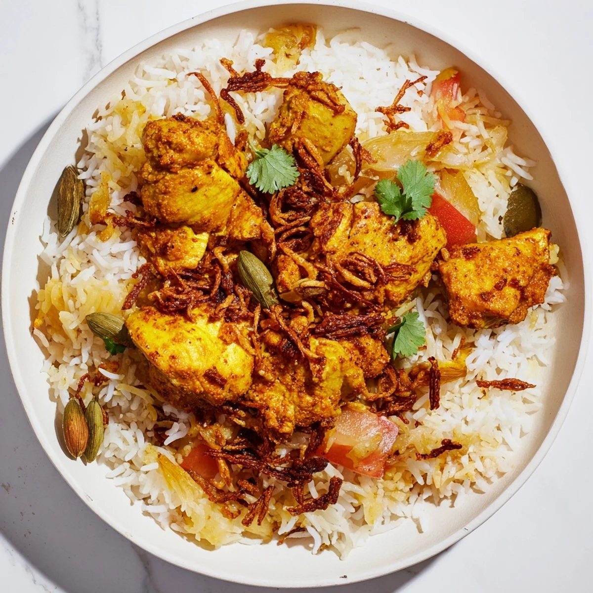 Close-up of Easy Chicken Biryani featuring perfectly cooked rice, chicken, and aromatic spices ready to eat.